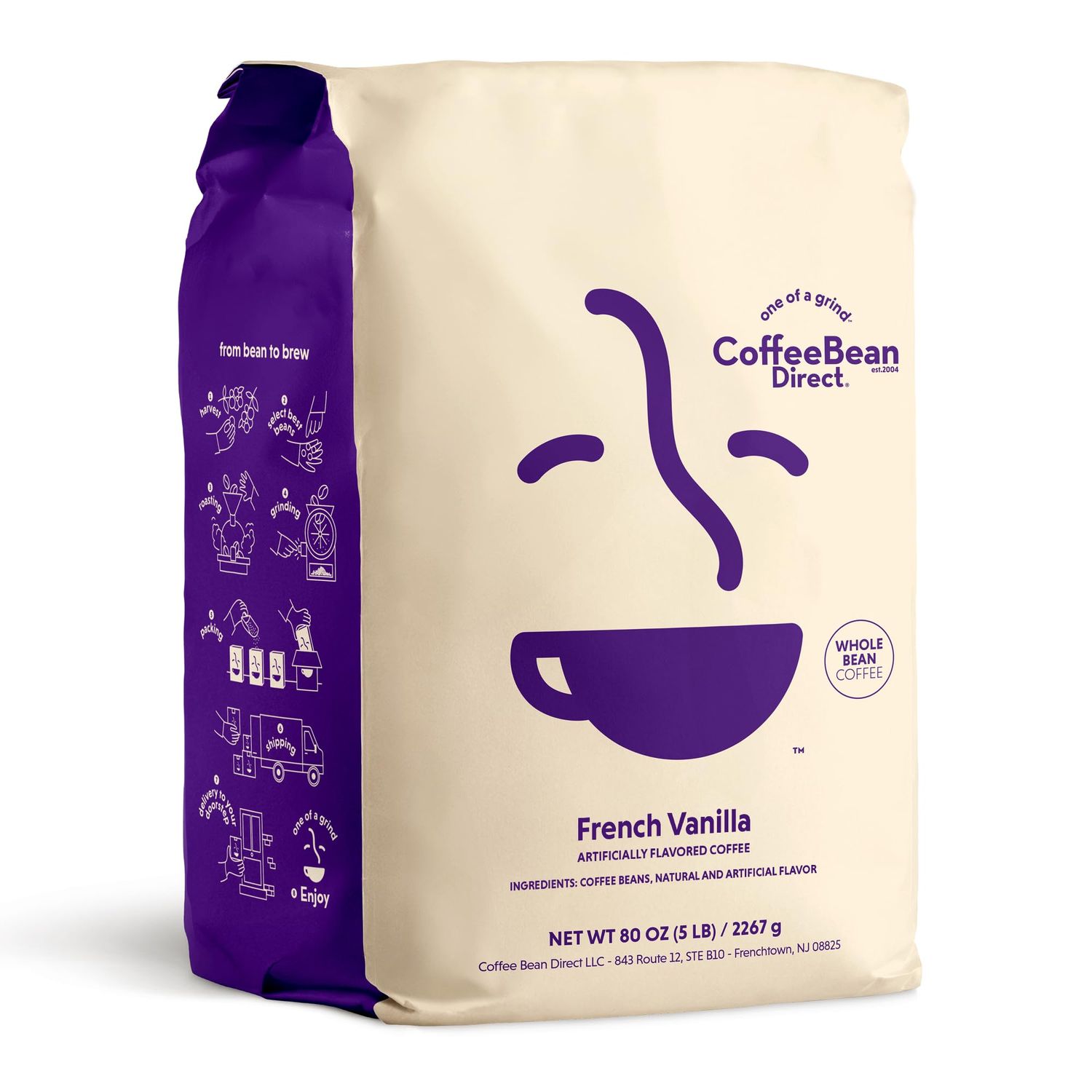 Coffee Bean Direct French Vanilla Flavored, Whole Bean Coffee, 5 Pound Bag (Pack of 1)