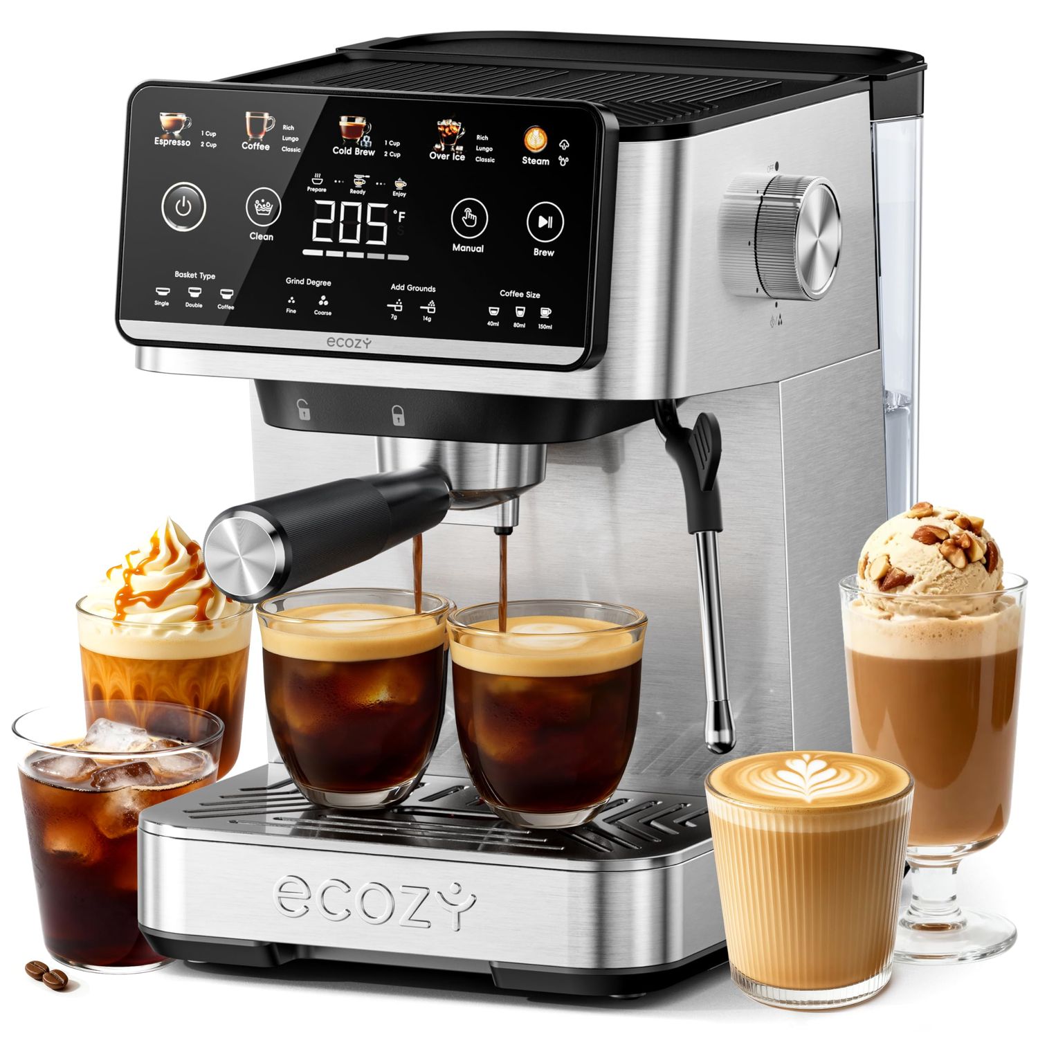 ecozy 4-in-1 Espresso Machine and Coffee Maker Combo with Milk Frother, Cold Brew &amp; Over Ice, Inter…