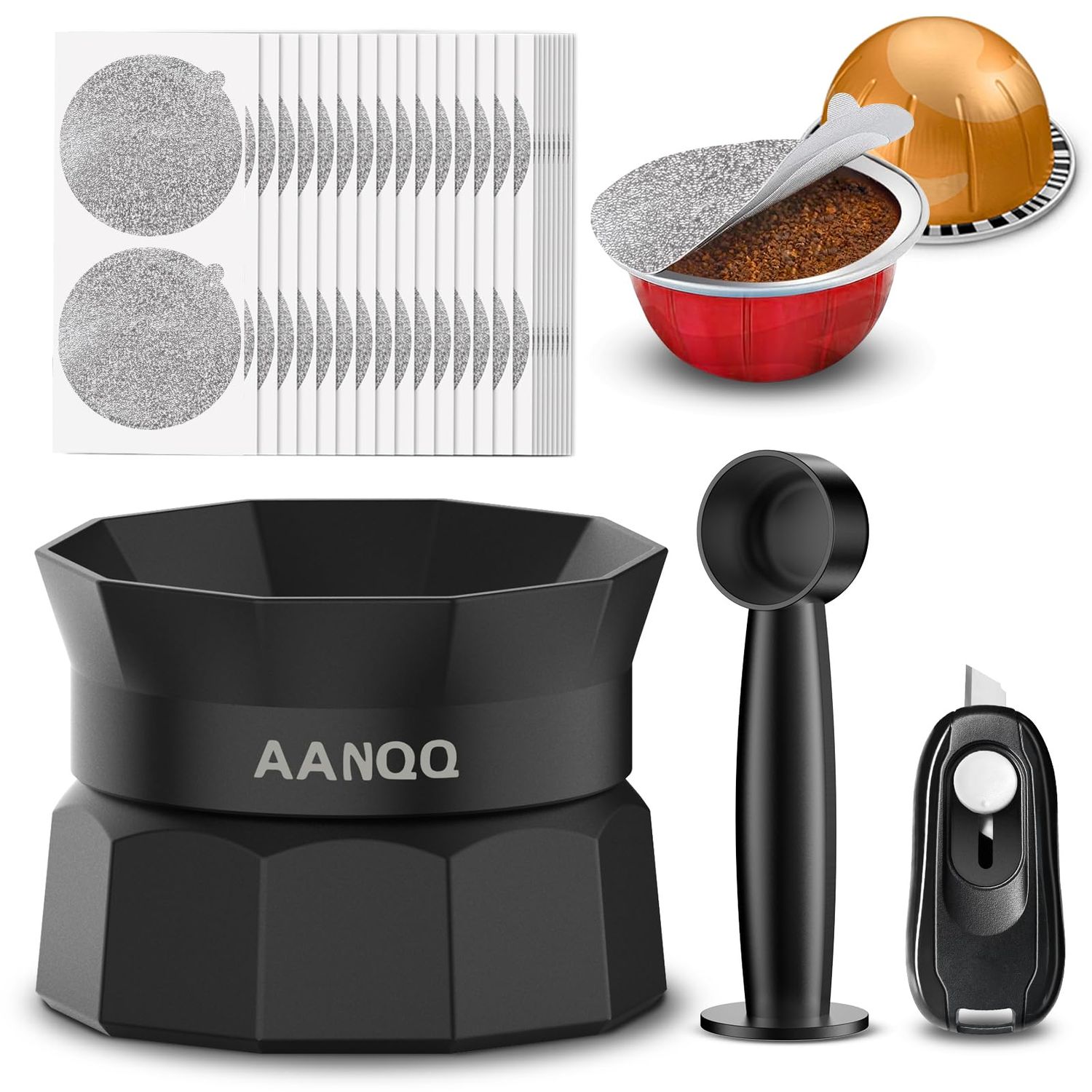AANQQ Refill Kit for Nespresso Pods Vertuo: Reusable Vertuo Pod Holder with 100pcs Aluminum Foil Se…
