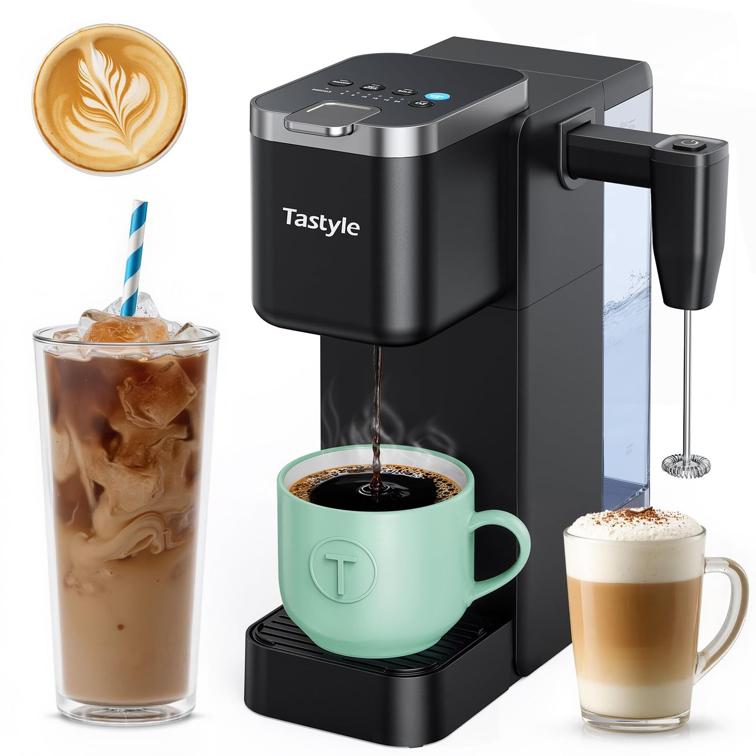 Tastyle 330MF Single Serve Coffee Maker with Built-in Detachable Milk Frother, Iced and Hot Coffee …