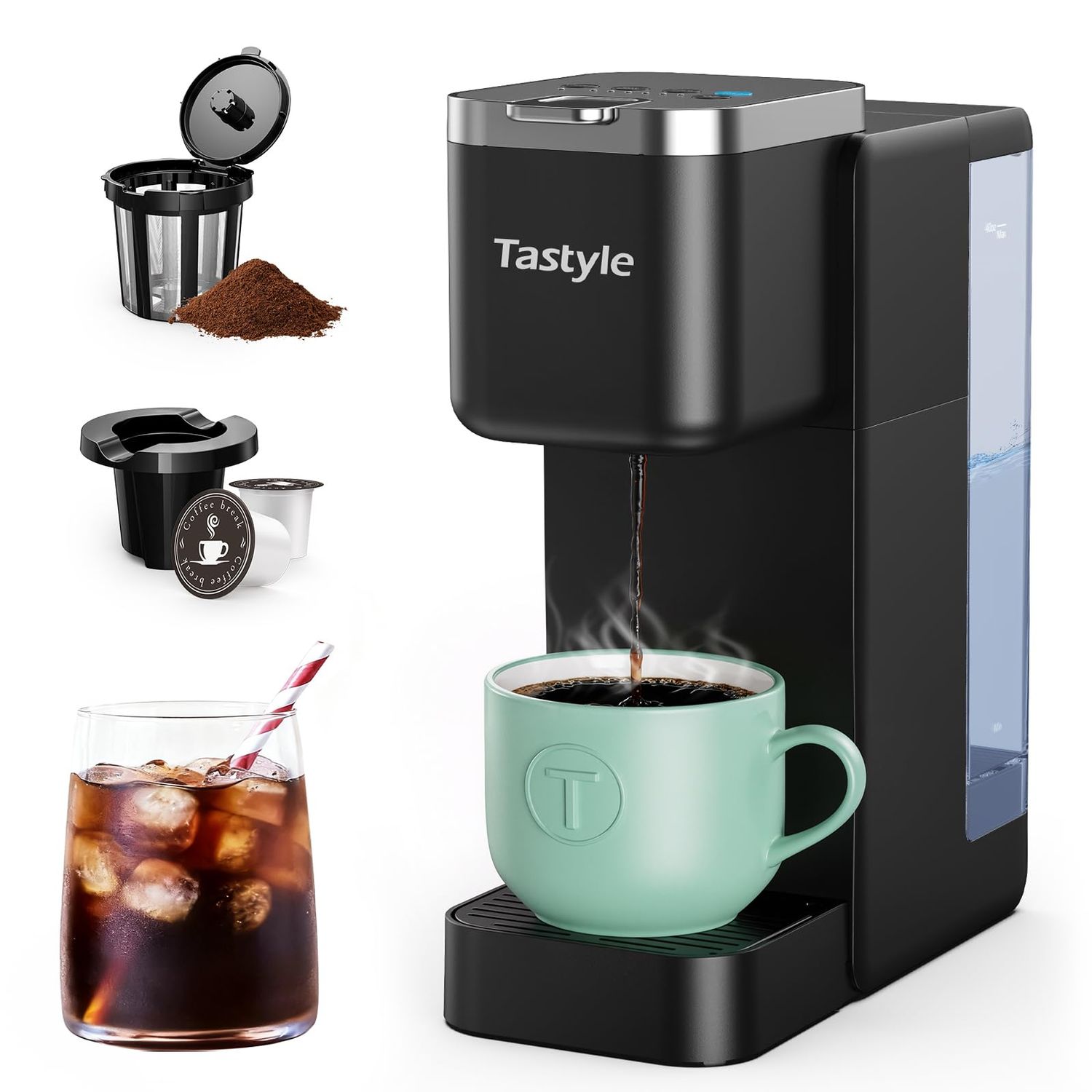 Tastyle Single Serve Coffee Maker, Iced and Hot Coffee Machine for K Cup &amp; Grounds, Compact Design,…