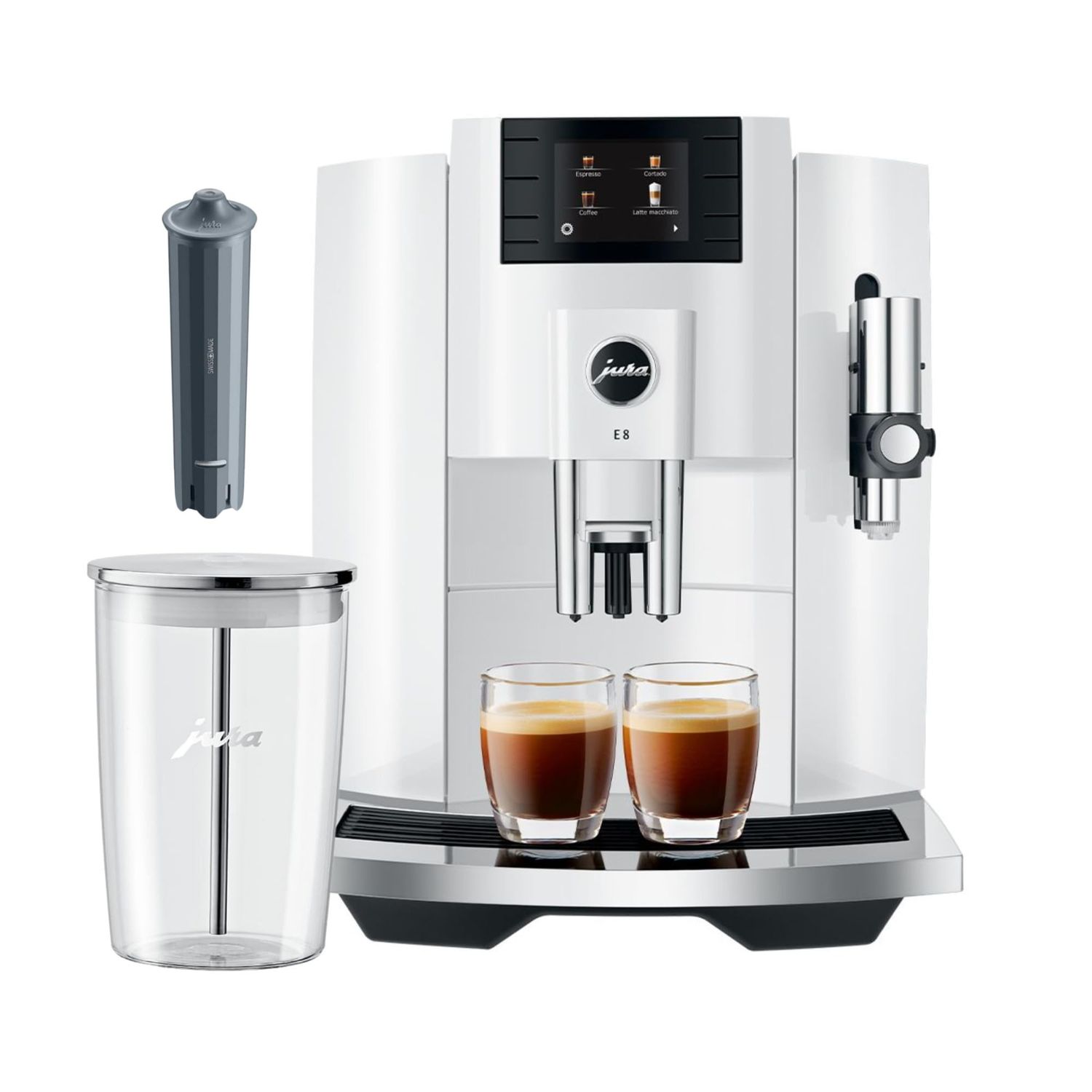 Jura E8 Automatic Espresso Machine,2.8 inches (Piano White) Bundle with Glass Milk Container and Co…