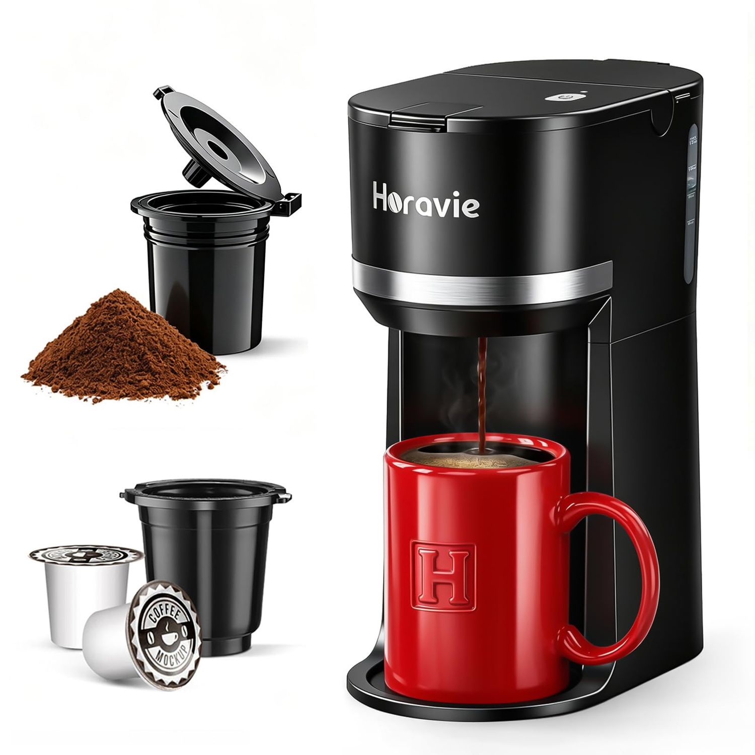 Horavie Small Single Serve Coffee Maker for K Cup and Grounds, Fast Brew One Cup Coffee Machine wit…