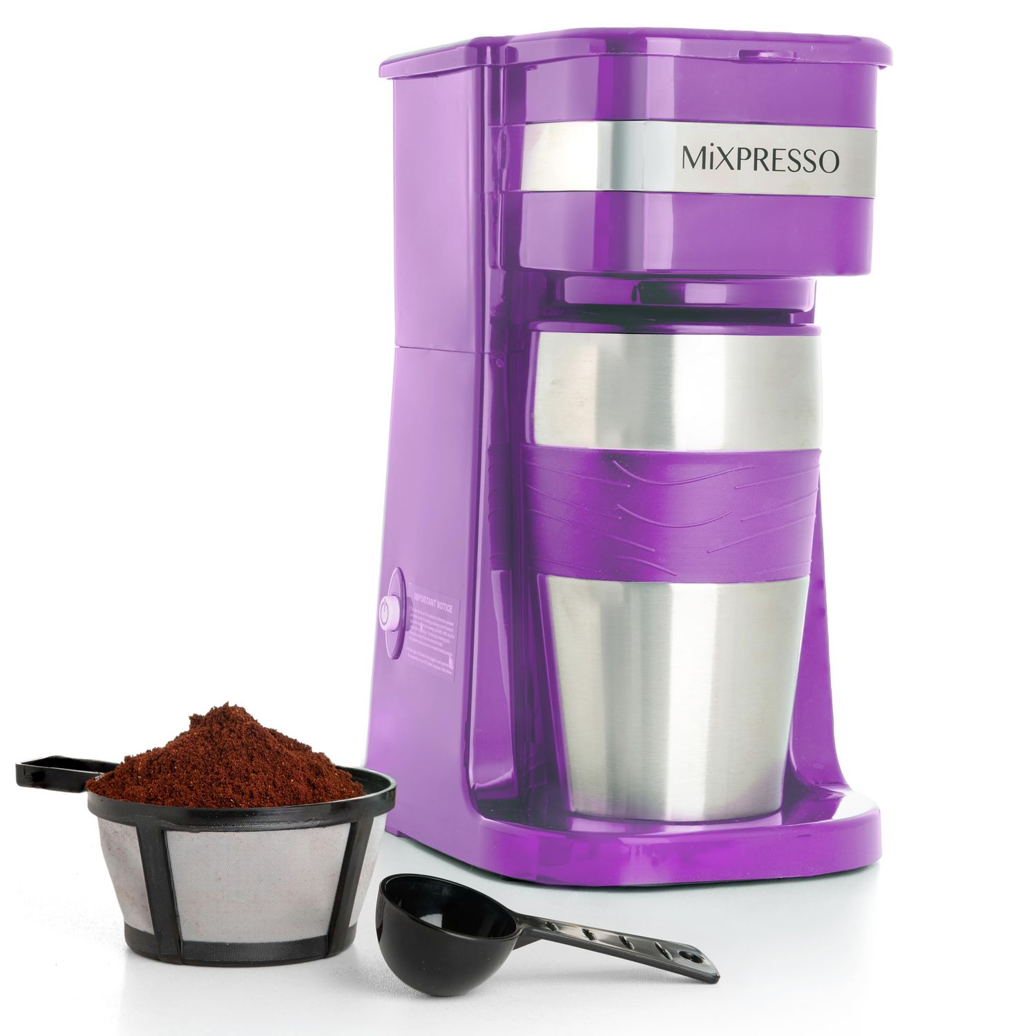Mixpresso Purple Personal Single Serve Coffee Maker with 14oz Travel Mug, Drip Small Coffee Maker w…