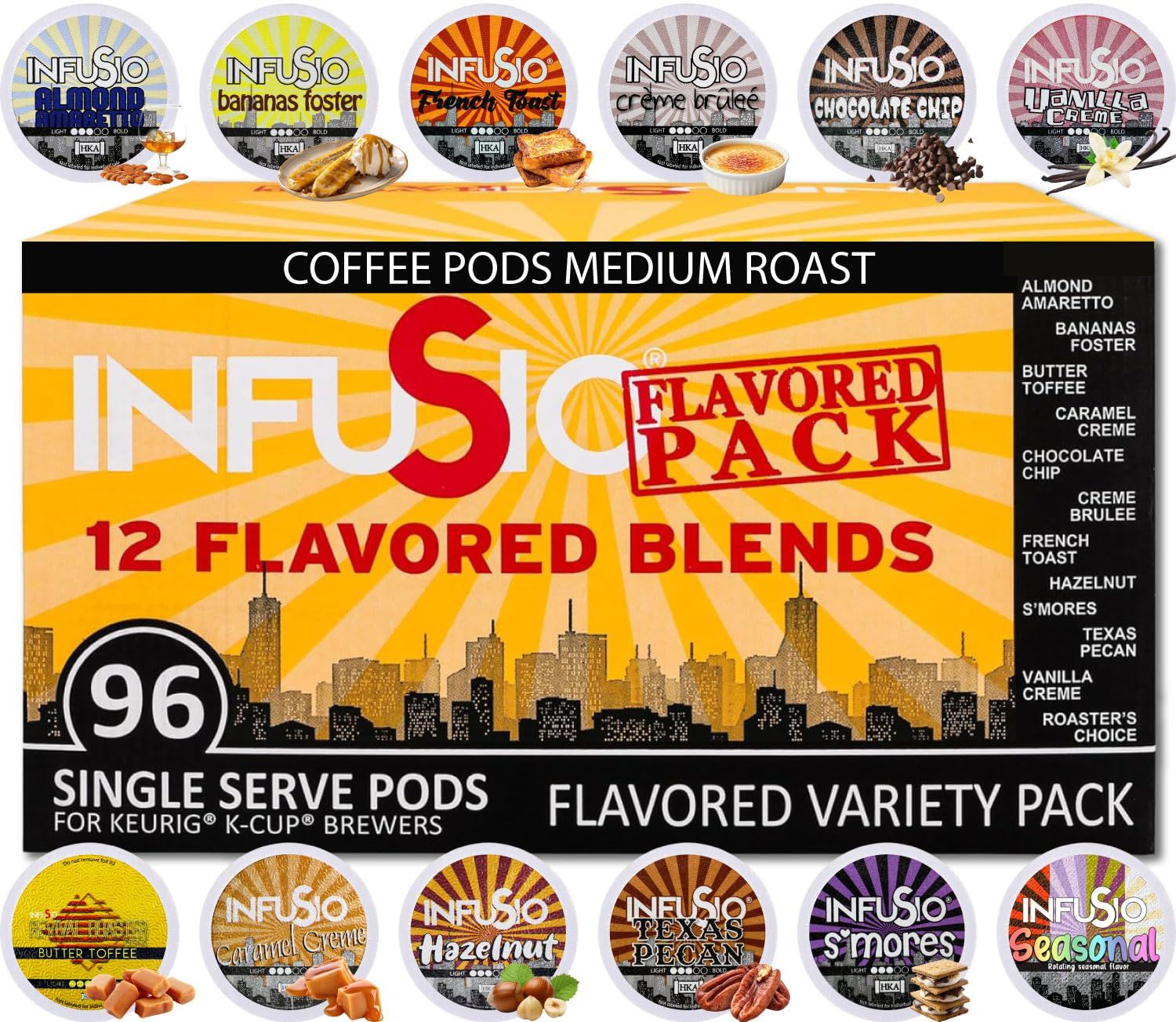 InfuSio Flavored Coffee Pods Variety Pack – 96 Count, 12 Gourmet Medium Roast Dessert-Inspired Blen…