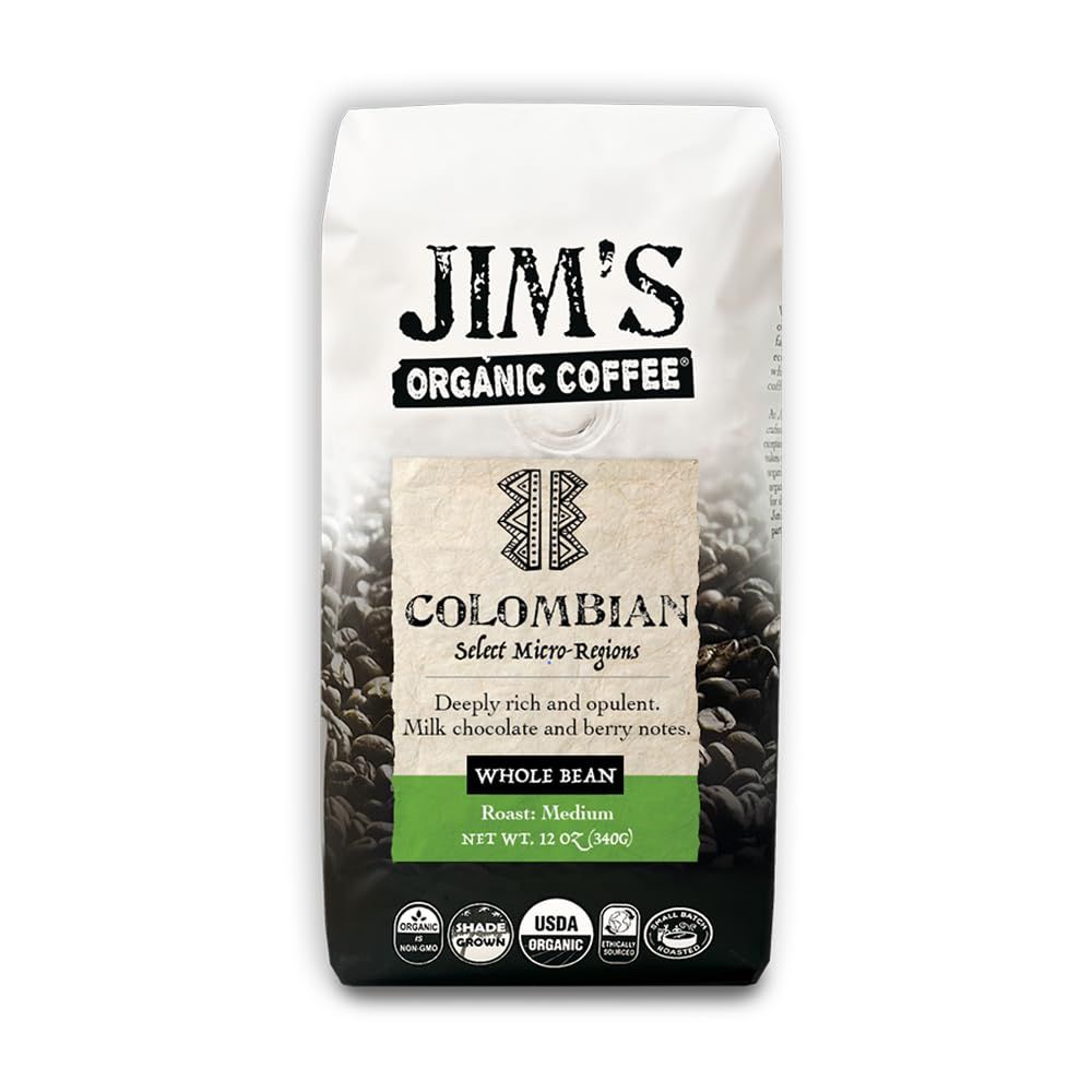 Jim’s Organic Coffee – Colombian – Single Origin, Medium Roast - Whole Bean 12 oz Bag