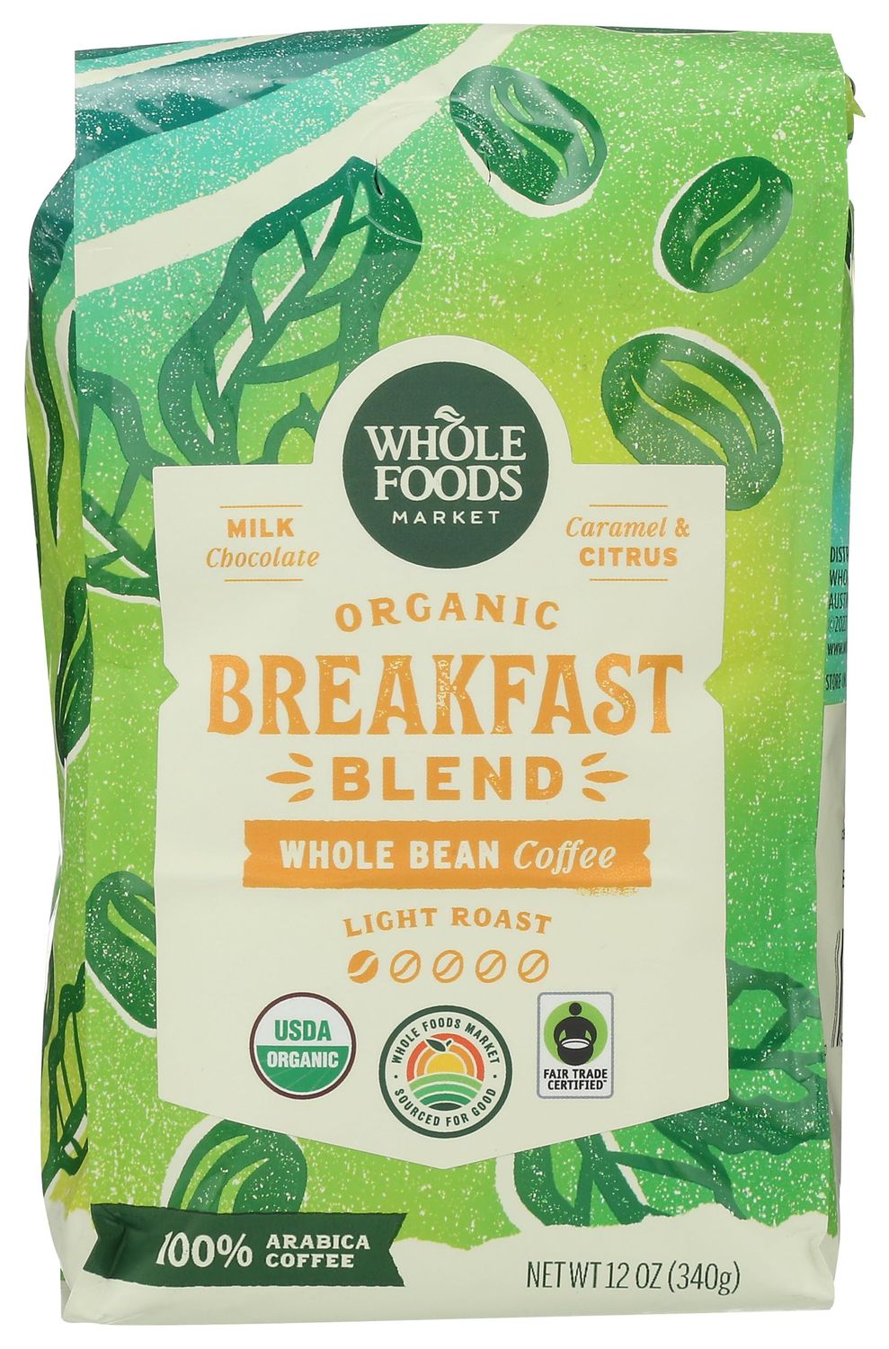 Whole Foods Market, Organic Breakfast Blend Whole Bean Coffee, Light Roast, Milk Chocolate, Caramel…