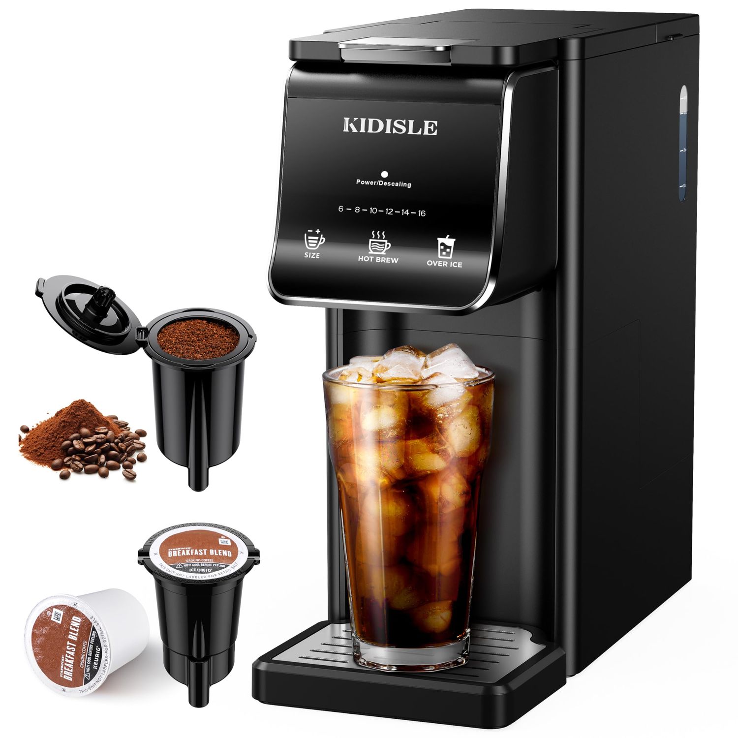 KIDISLE Hot &amp; Iced Single Serve Coffee Maker for K Cup &amp; Grounds, 6–16oz Brew Sizes, 40oz Water Tan…