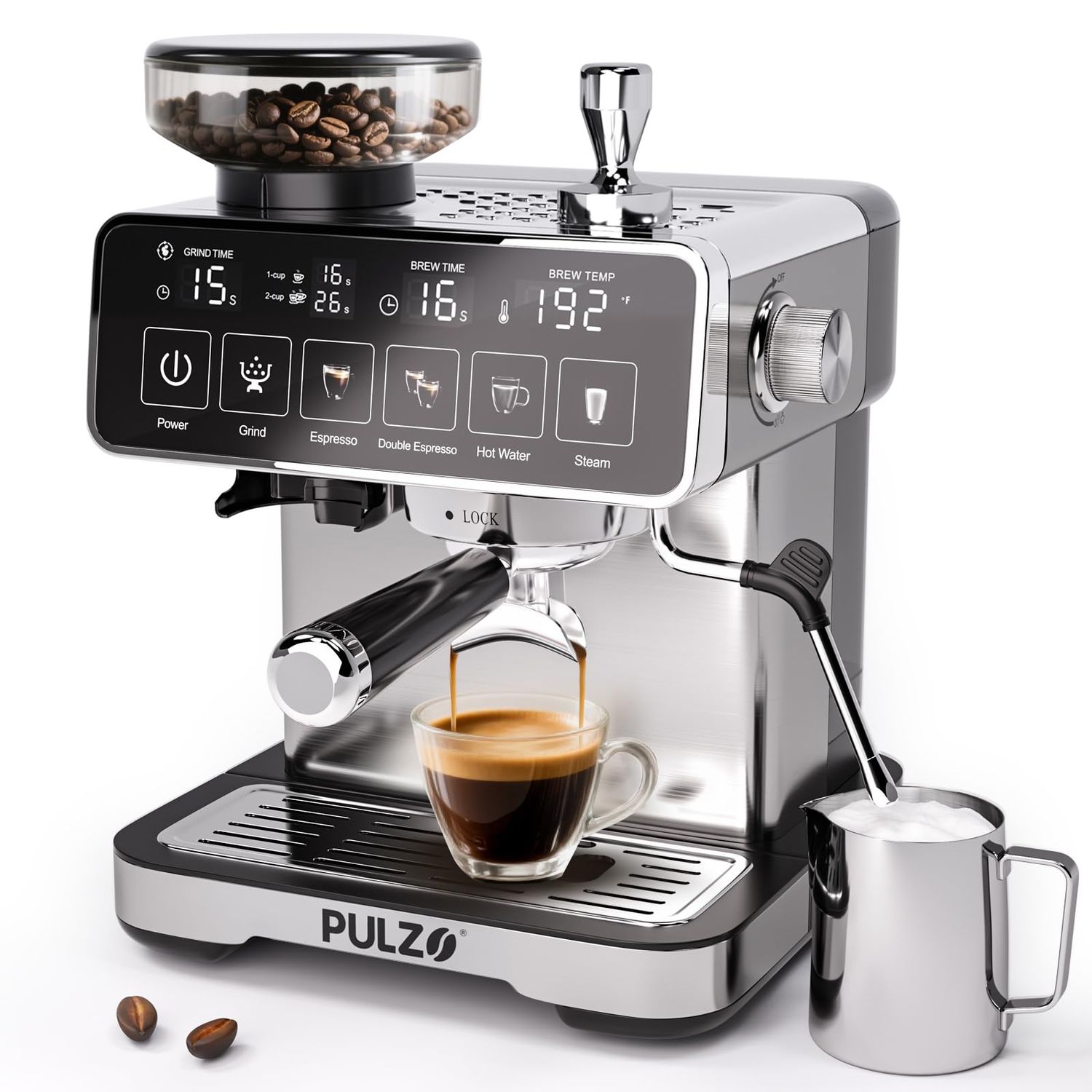 PULZO Espresso Machine with Grinder, 20 Bar Professional Coffee Machine with Milk Frother Steam Wan…