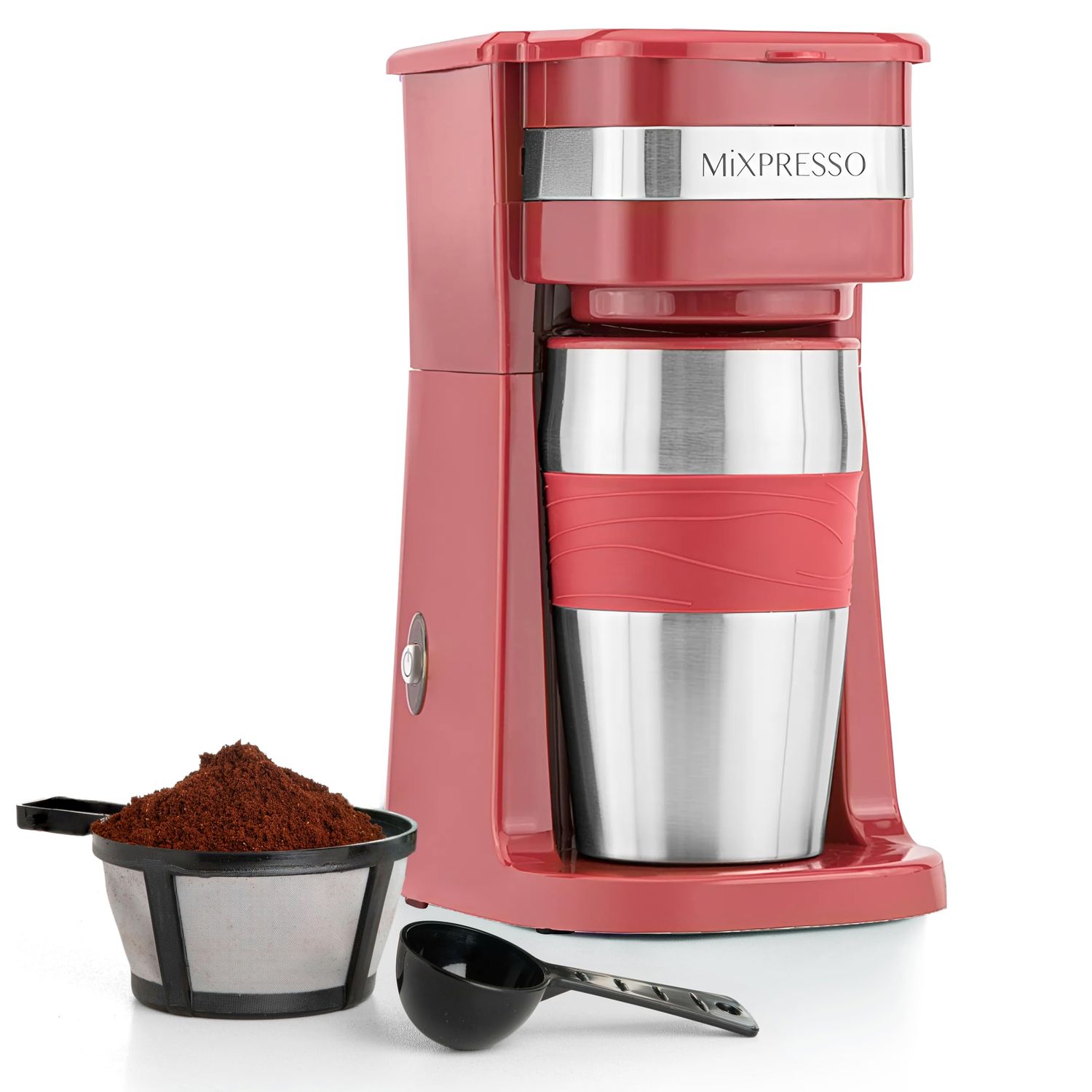 Mixpresso Red Personal Single Serve Coffee Maker with 14oz Travel Mug, Drip Small Coffee Maker with…
