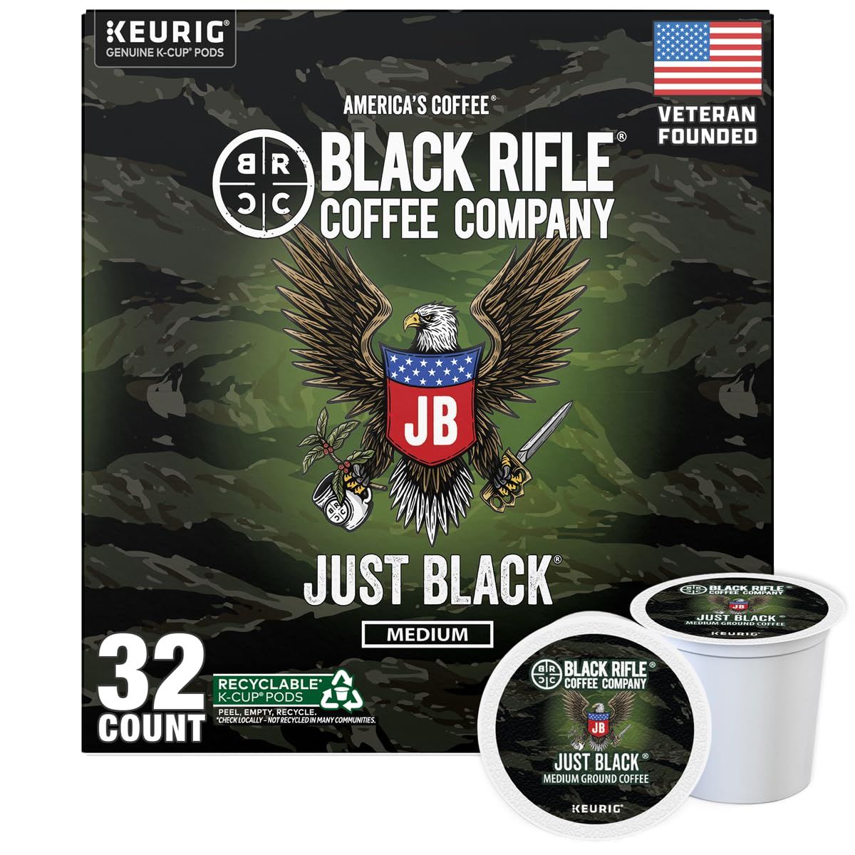 Black Rifle Coffee Company Just Black, 32 Count, Medium Roast K Cups - Single Serve K Cups Coffee P…