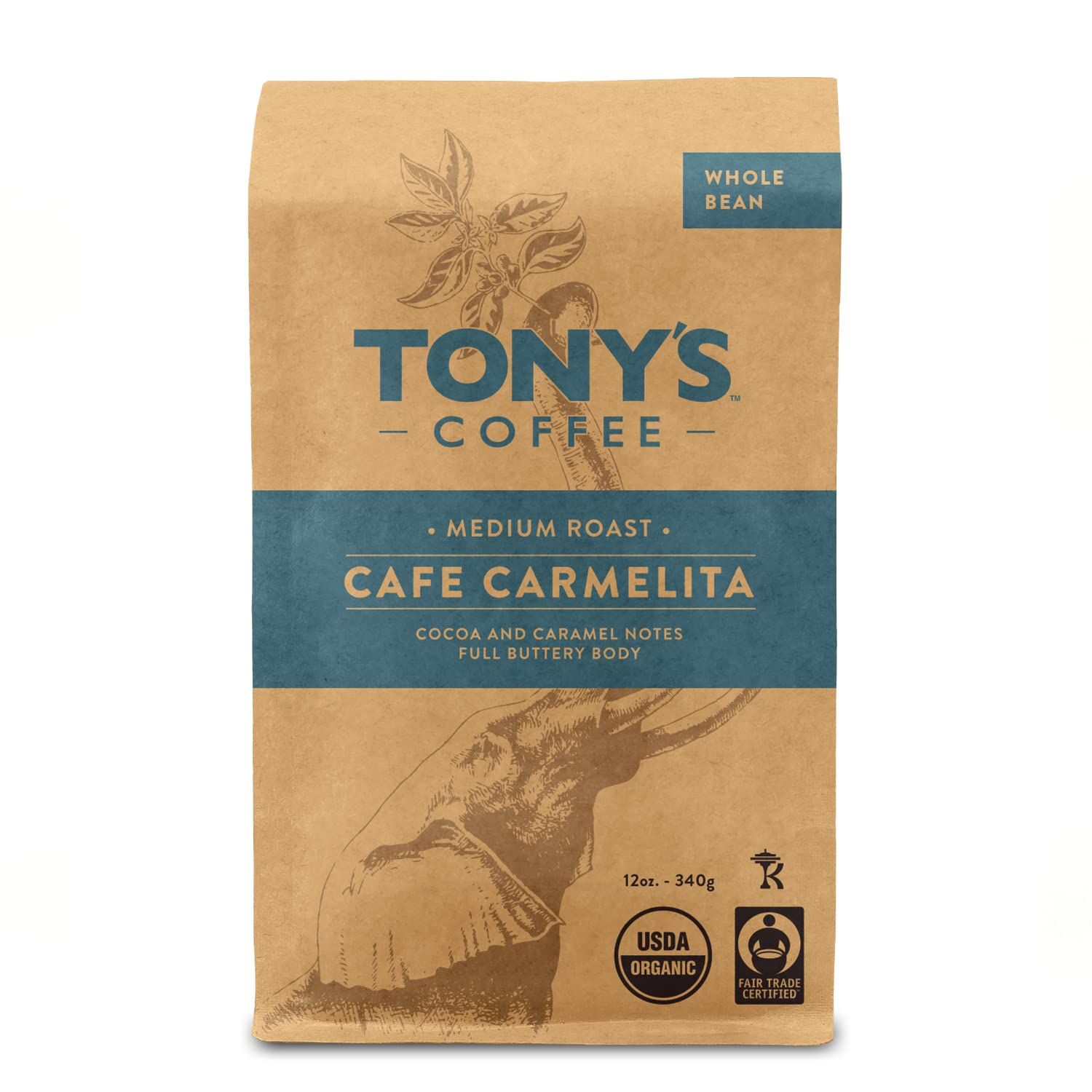 Tony's Coffee, Cafe Carmelita (12oz), Medium Roast Whole Bean Coffee, Organic and Fair Trade