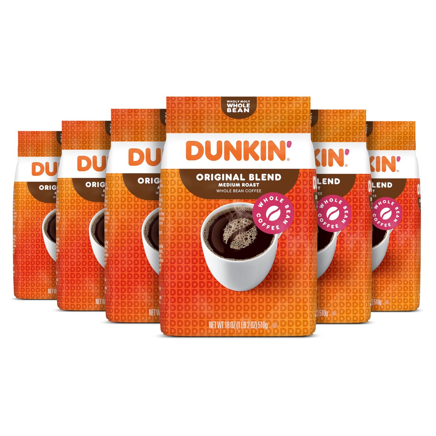Dunkin' Original Blend Medium Roast Whole Bean Coffee, 18 Ounces (Pack of 6)