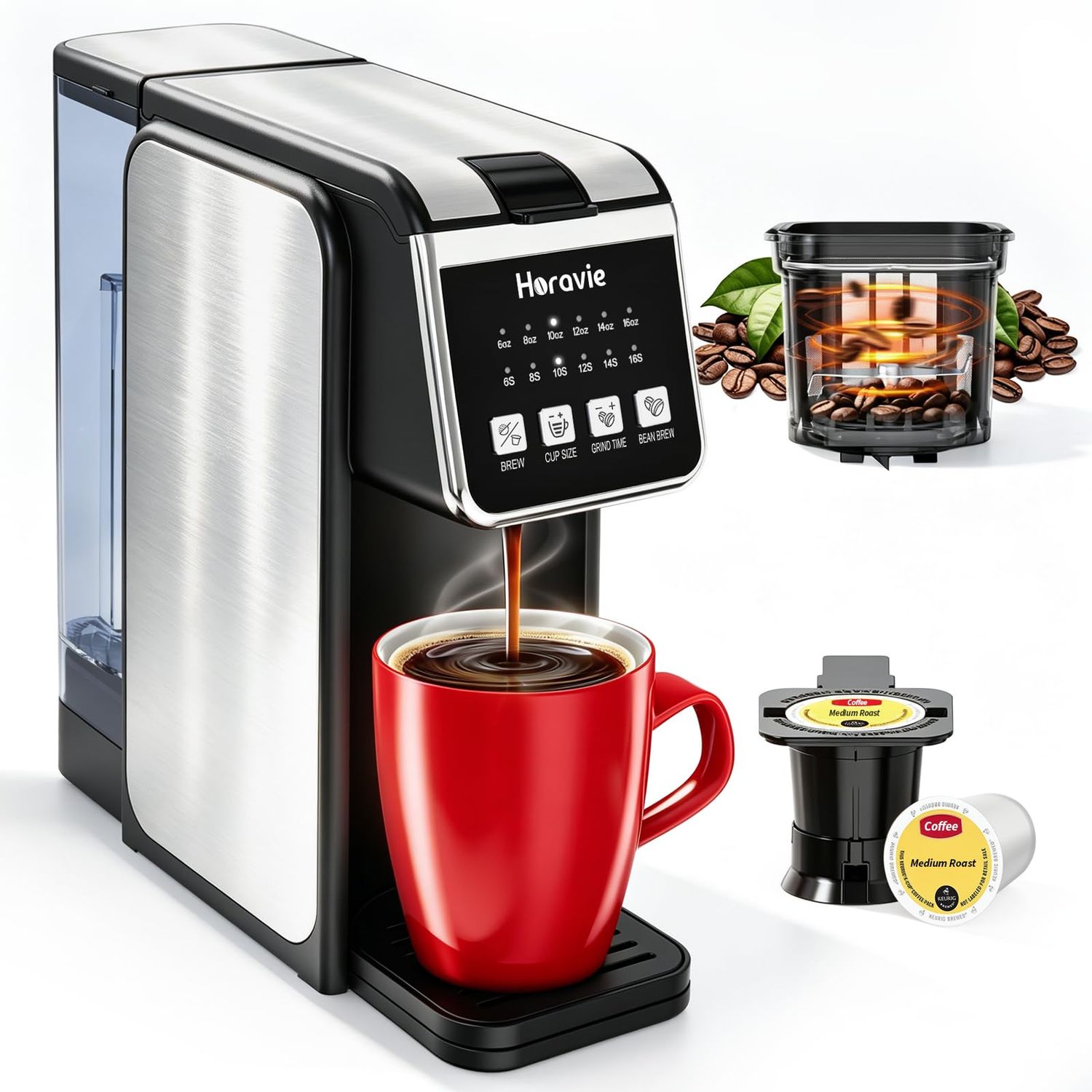 Horavie Single Serve Coffee Maker with Built-in Grinder, Fast Brew 6-16oz Single Cup for Whole Bean…