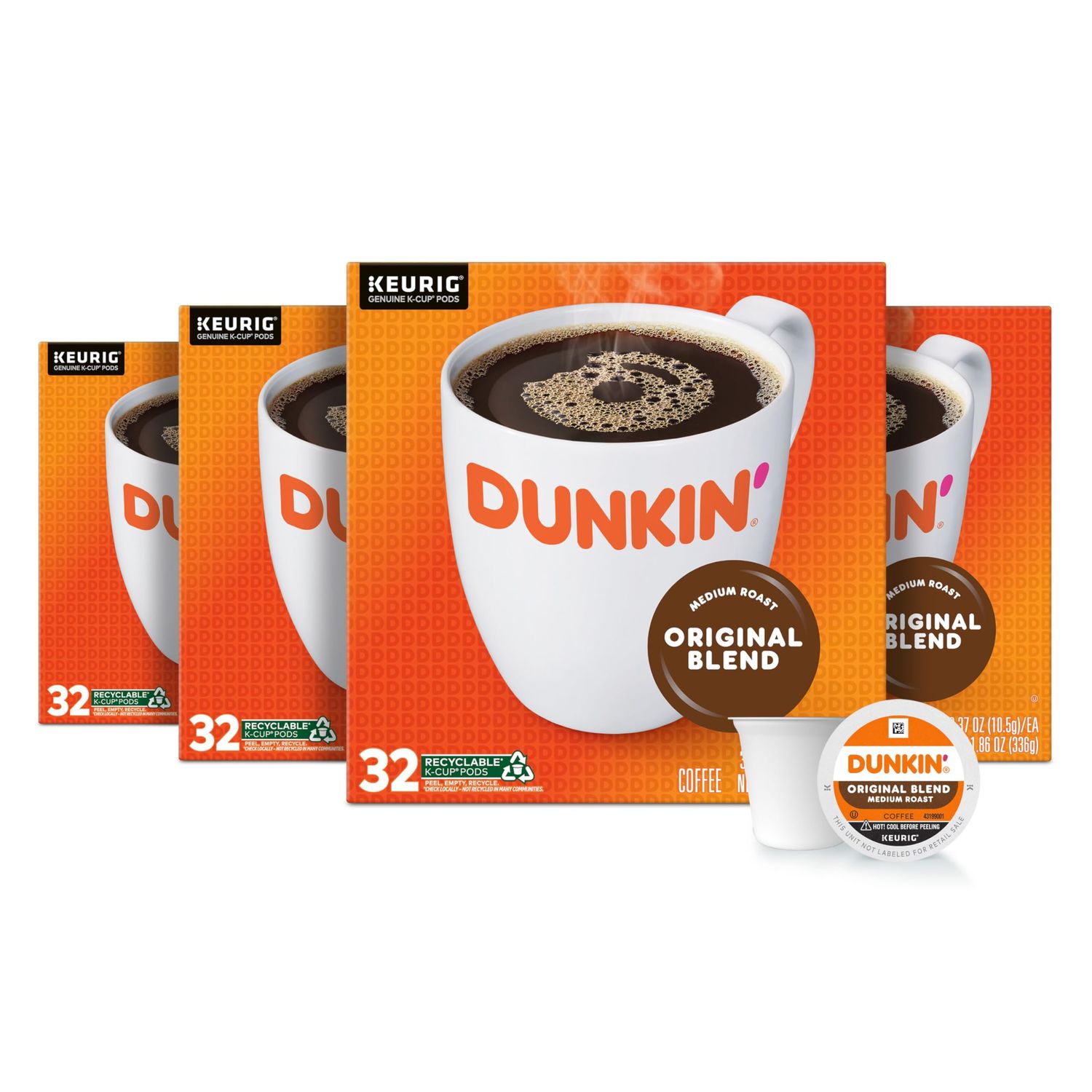Dunkin’ Original Blend Medium Roast Coffee, Keurig K-Cup Pods, 32 Count Boxes (Pack of 4)