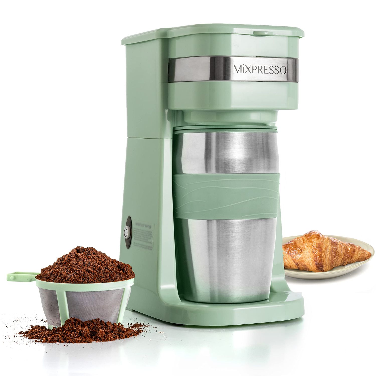 Mixpresso Green Personal Single Serve Coffee Maker with 14oz Travel Mug, Drip Small Coffee Maker wi…