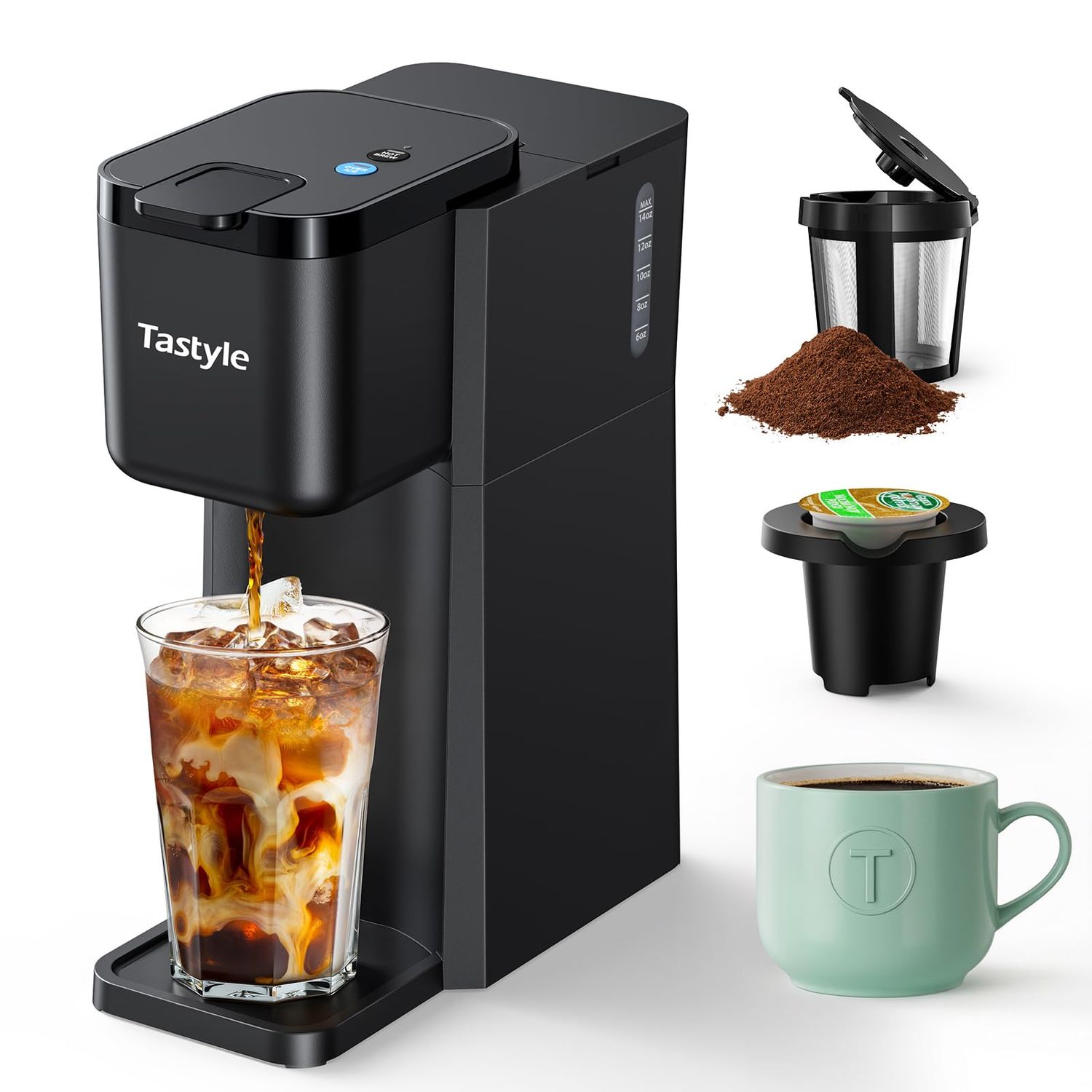 Tastyle Mini Hot and Iced Coffee Maker Single Serve, for K Cup and Ground, 6 to 14 Oz Brew Sizes, w…