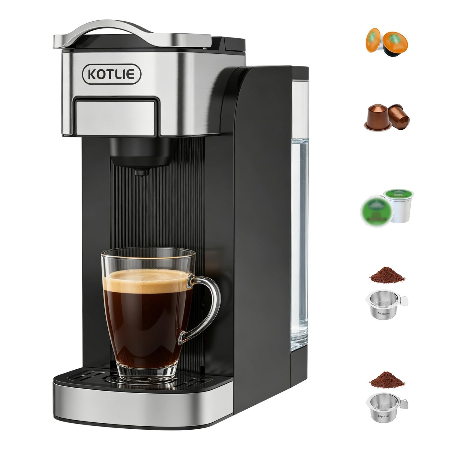 KOTLIE Single Serve Coffee Maker for K*cup/Nes Original/D*G Capsules and Ground Coffee, 50 Oz Remov…