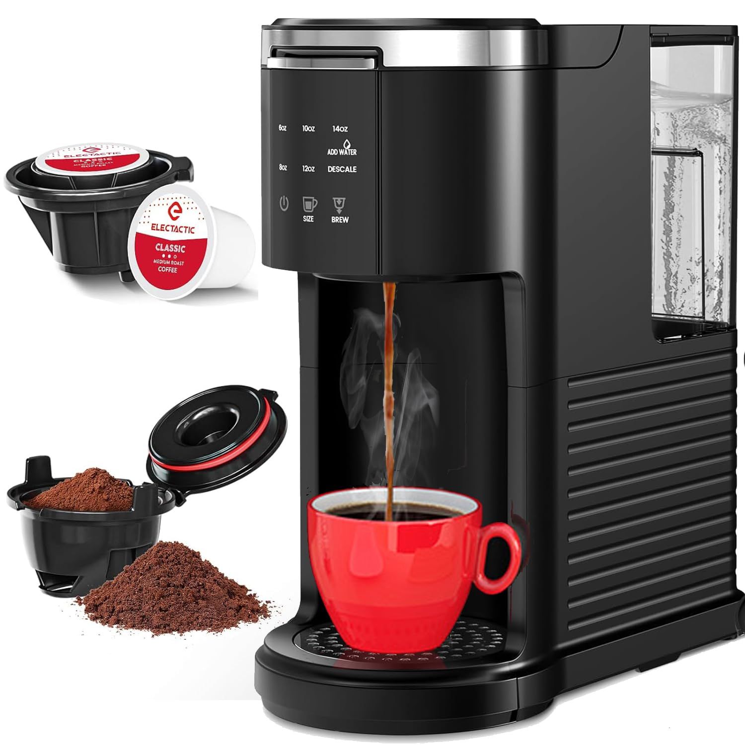 Electactic Single Serve Coffee Maker, 2 in 1 Kcup Pod &amp; Ground Coffee Brewer, 40 Oz Removable Water…