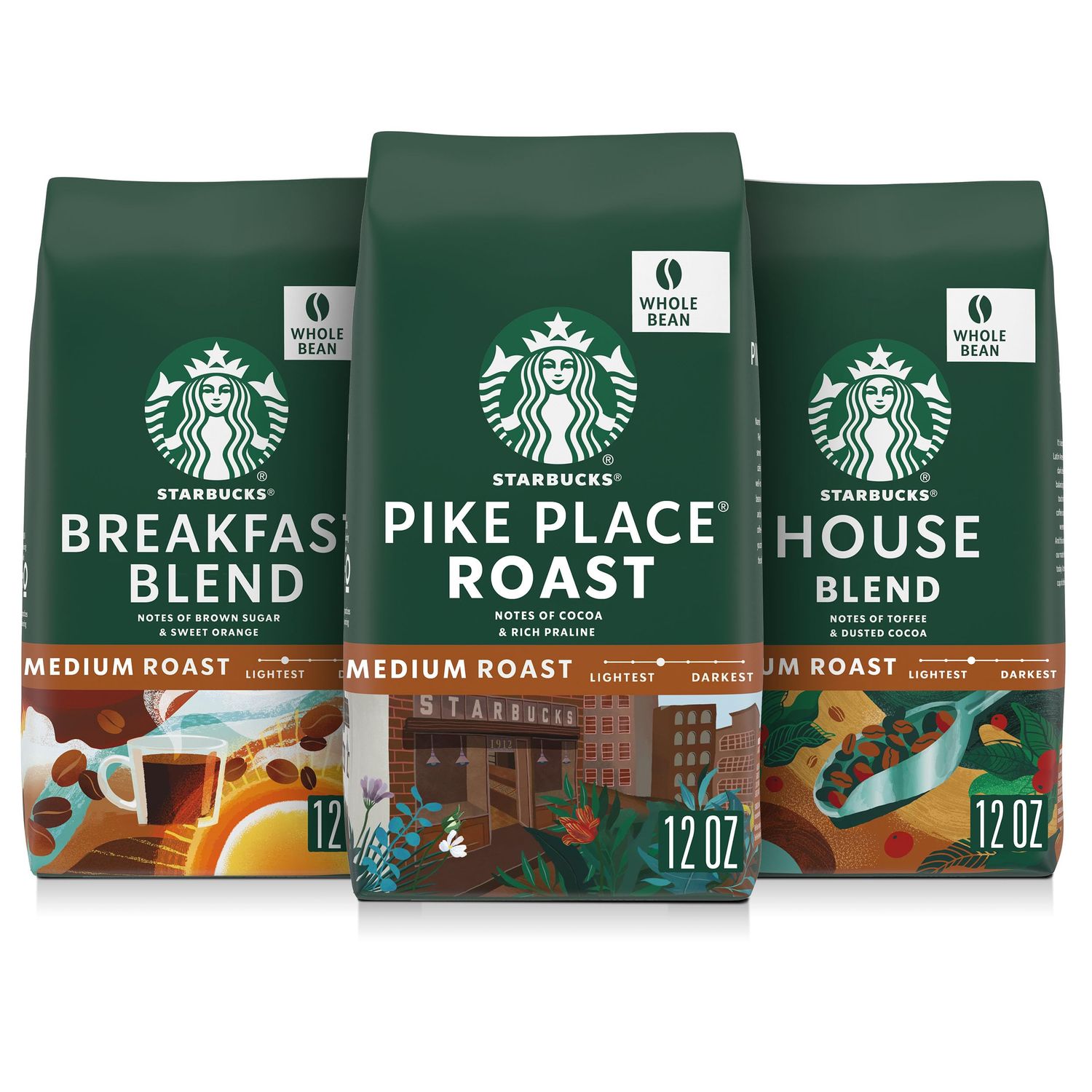 Starbucks Whole Coffee Beans, Medium Roast Hot or Iced Coffee, Variety Pack, Three 12 oz Bags
