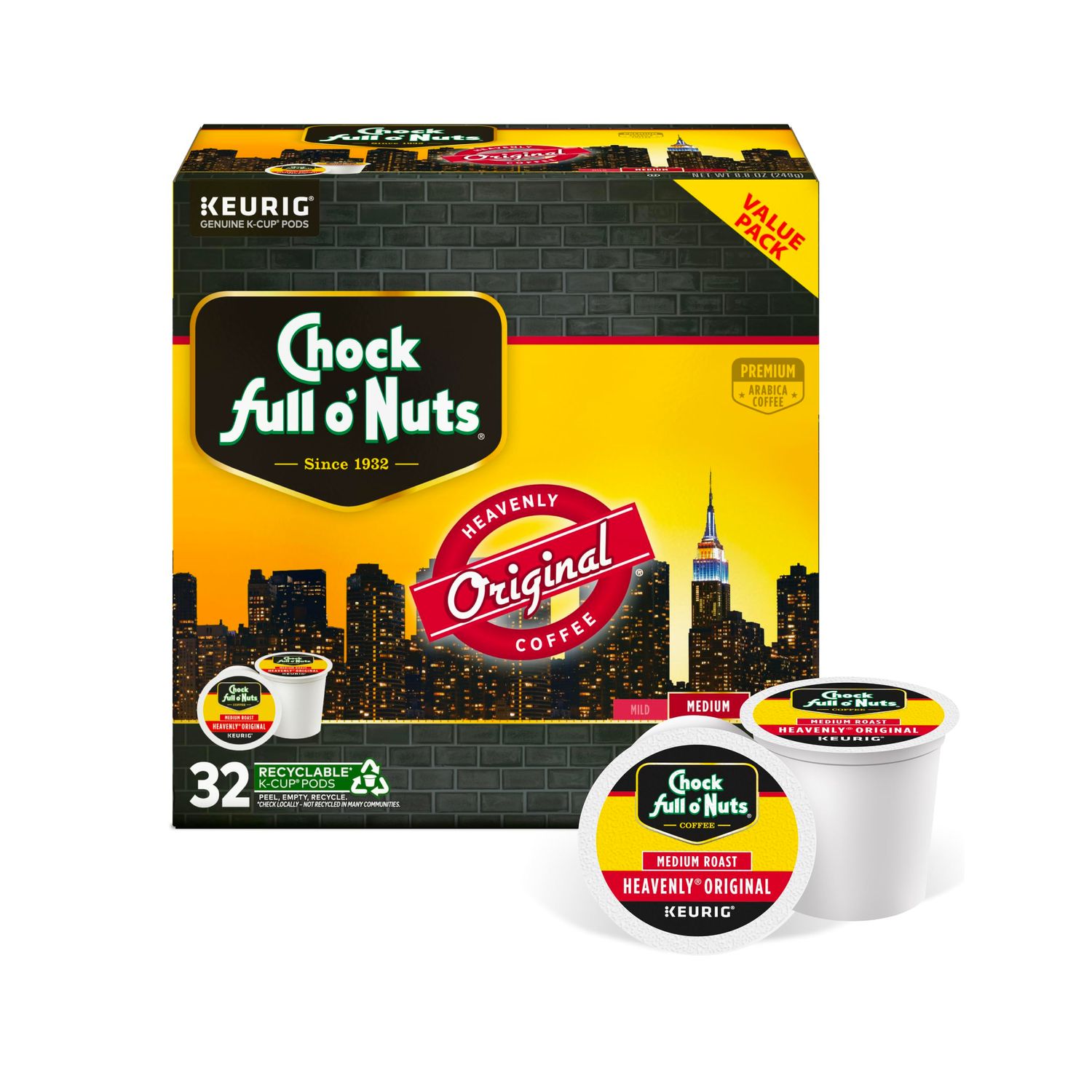 Chock Full o' Nuts Heavenly Original Keurig K-Cup Pods for Keurig Brewers – Premium Arabica, Medium…