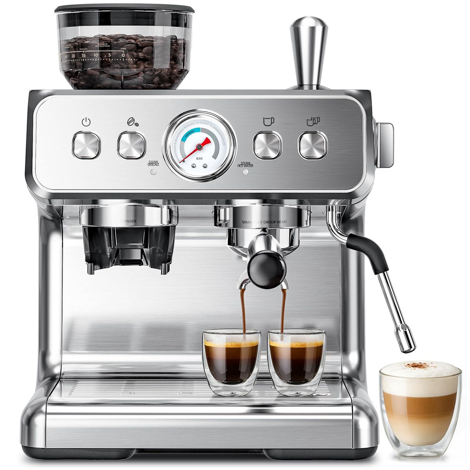 Kismile Espresso Machine with Grinder, 20 Bar Expresso Coffee Machines with Milk Frother, 58mm Expr…