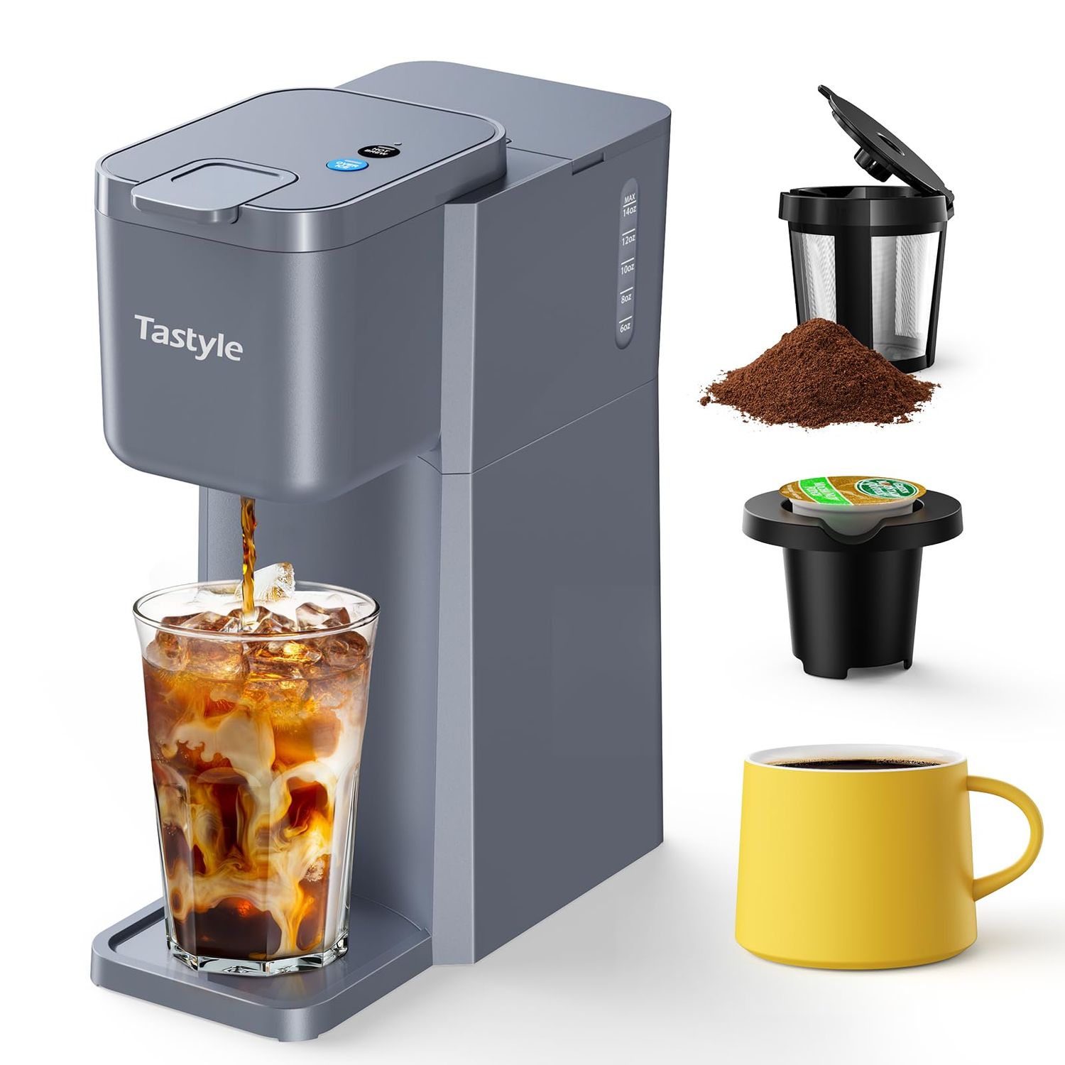 Tastyle Mini Hot and Iced Coffee Maker Single Serve, for K Cup and Ground, 6 to 14 Oz Brew Sizes, w…