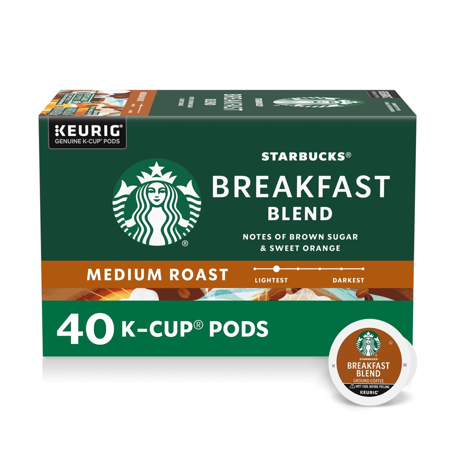 Starbucks K-Cup Coffee Pods, Medium Roast Hot or Iced Coffee, Breakfast Blend, 40 Keurig Pods