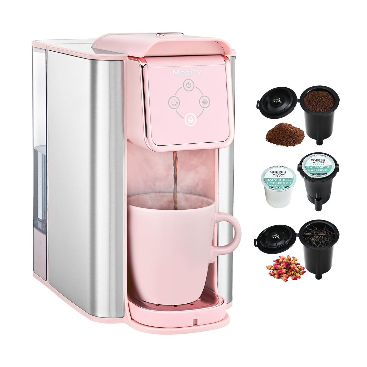 Mecity Pink Coffee Maker 3-in-1 Single Serve Coffee Machine, For Flat Bottom Coffee Capsule, Ground…