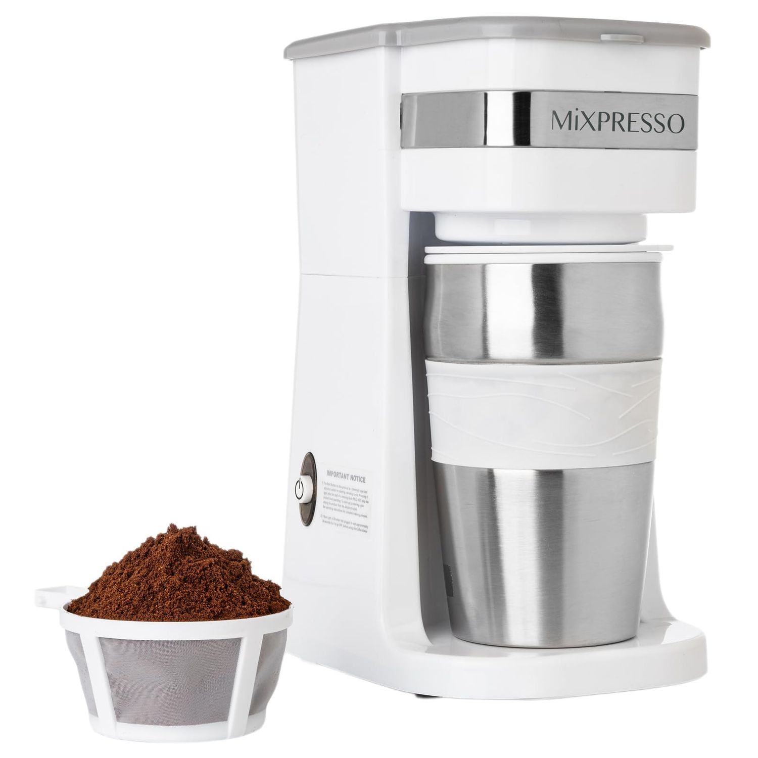Mixpresso White Personal Single Serve Coffee Maker with 14oz Travel Mug, Drip Small Coffee Maker wi…