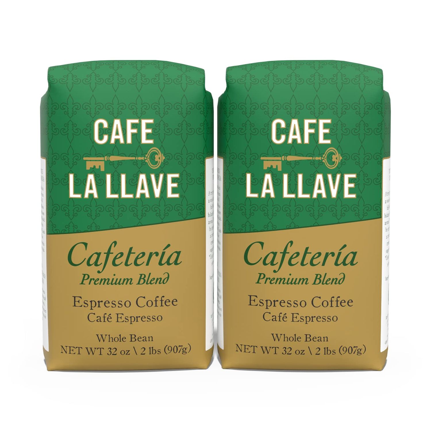 Cafe La Llave Whole Bean Espresso Coffee, Premium Dark Roast, 32 oz Bags (Pack of 2) - Rich Cuban-S…