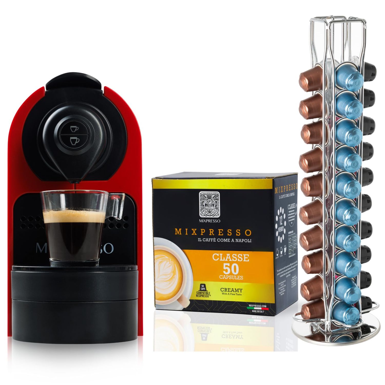 Mixpresso Espresso Machine Bundle with Nespresso Compatible Capsules, Italian Roasted Coffee and Ca…