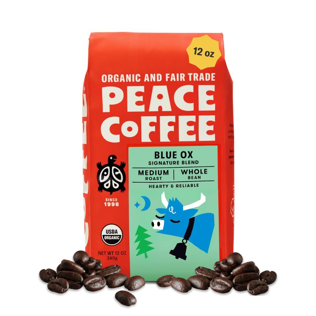 Peace Coffee Blue Ox Blend Medium Roast Whole Bean Coffee, 12 oz, Organic Fair Trade, Creamy, Mild …