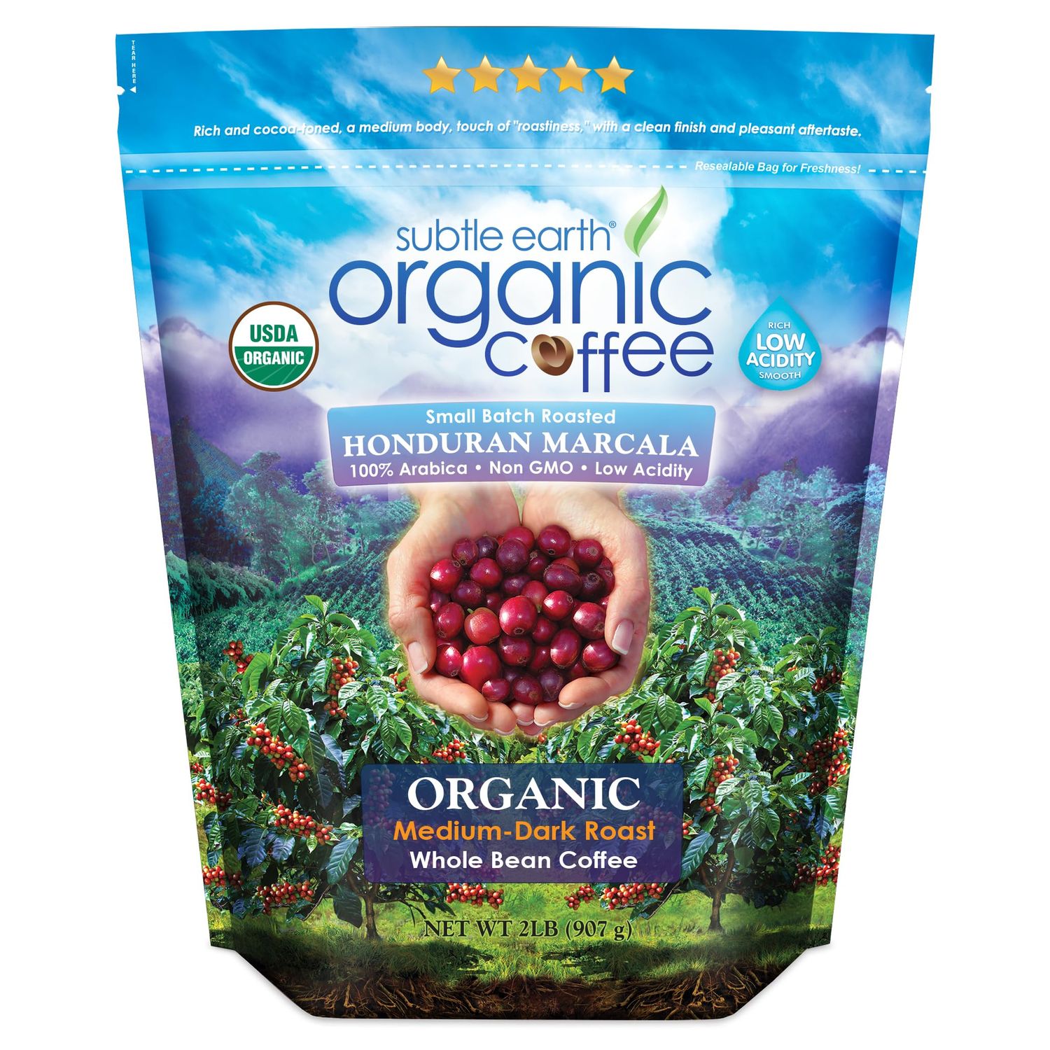 2LB Subtle Earth Organic Coffee - Medium-Dark Roast - Whole Bean Coffee - 100% Arabica Beans - Low …