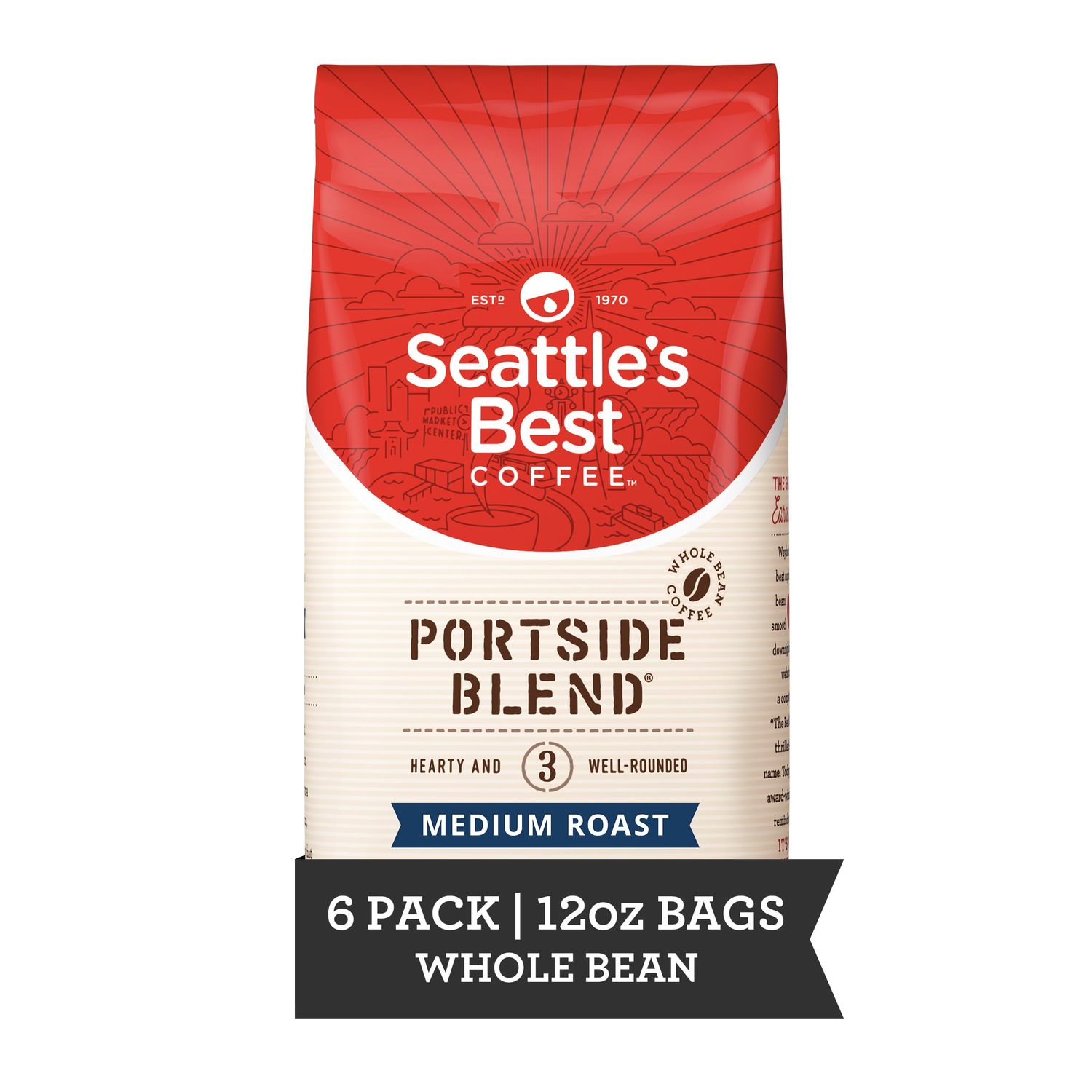 Seattle's Best Coffee Portside Blend Medium Roast Whole Bean Coffee | 12 Ounce Bags (Pack of 6)