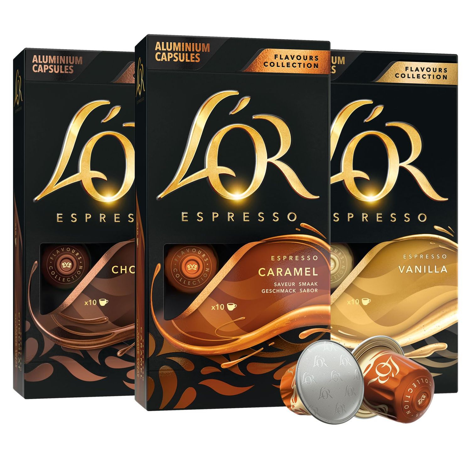 L'OR Espresso Capsules, 30 Count Variety Pack Vanilla/Chocolate/Caramel, Single-Serve Aluminum Coff…