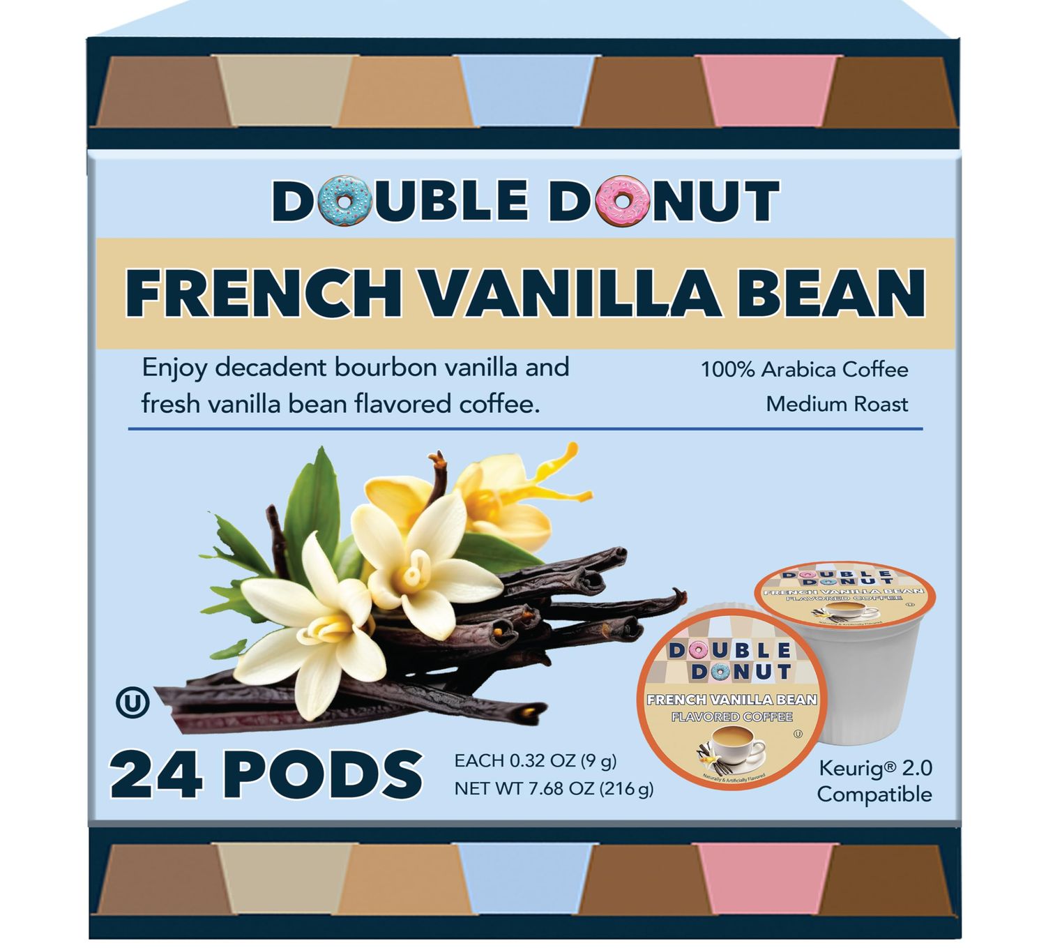Double Donut Coffee French Vanilla Coffee Pods, Vanilla Bean Flavored in Recyclable Single Serve Va…