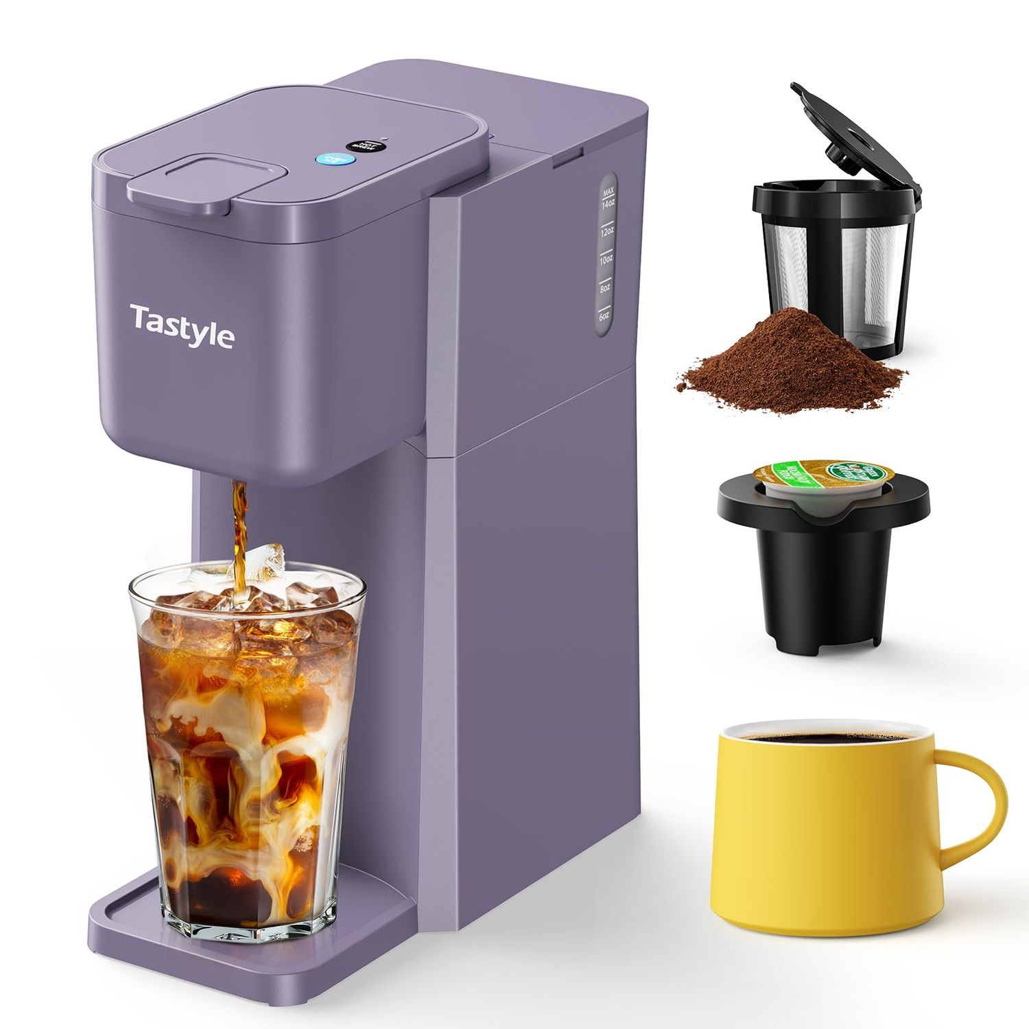 Tastyle Mini Hot and Iced Coffee Maker Single Serve, for K Cup and Ground, 6 to 14 Oz Brew Sizes, w…