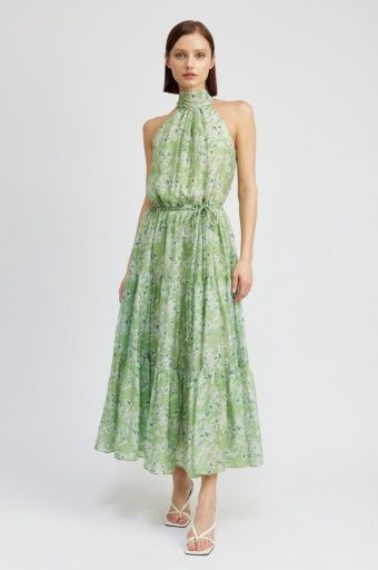 ES Floral Mock Neck Halter Dress w Braid Tie, Color: Green, Size: XS