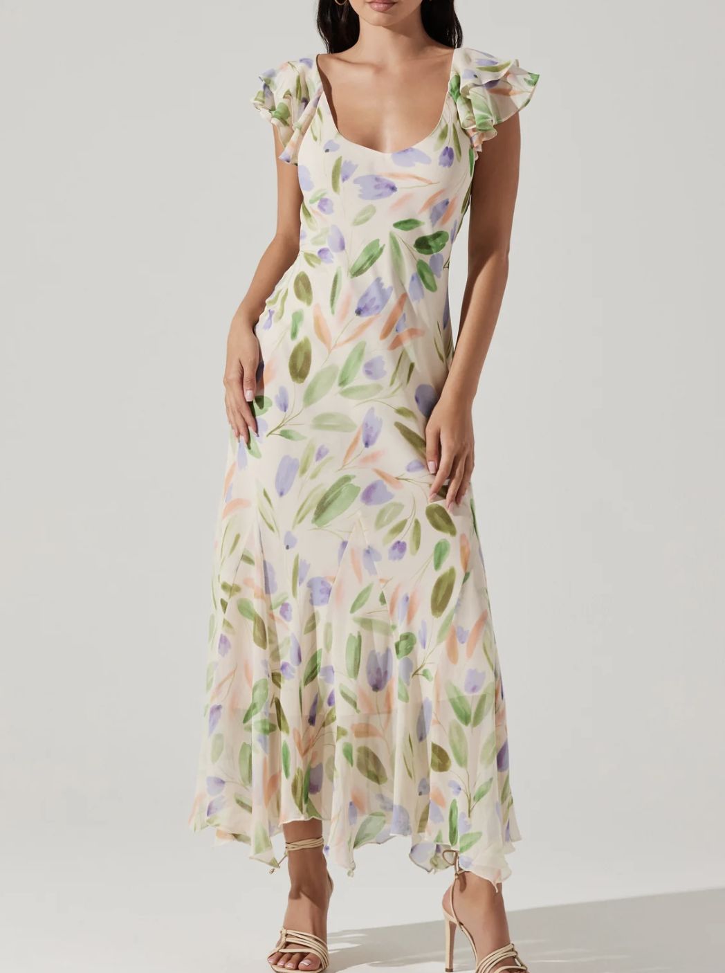 Flutter Shoulder Midi Floral Dress, Color: Floral, Size: XS
