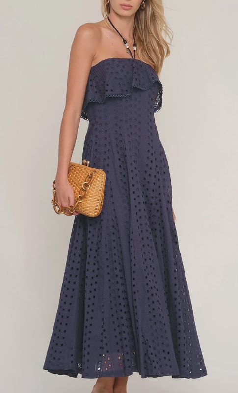Ruffle Strapless V Halter Maxi Dress / HL