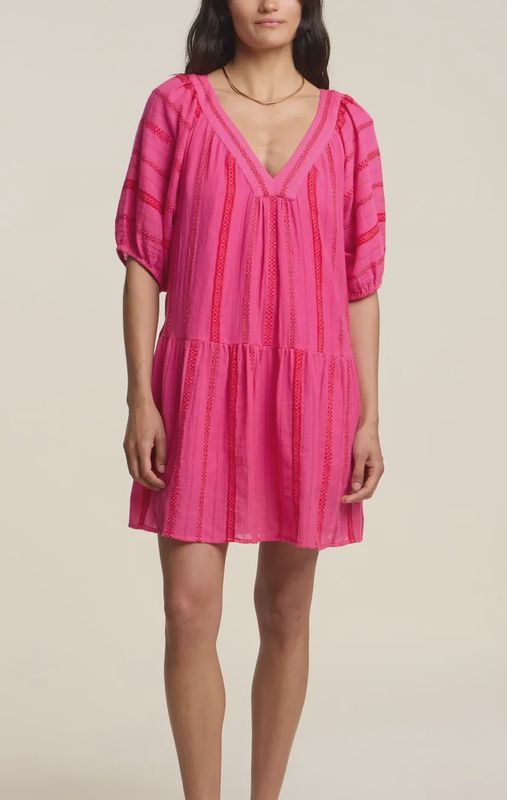V-Neck Cotton Jacquared Short Slv Dress / Velvet