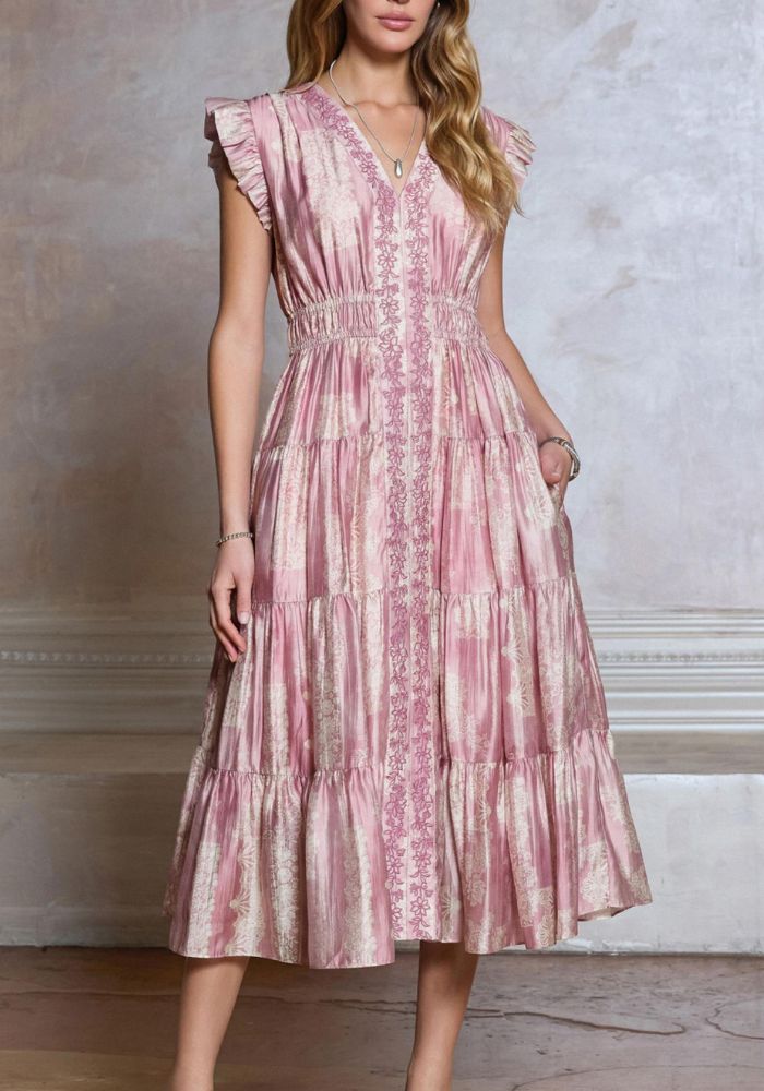 V-Neck Ruffle Shoulder Tiered Midi Dress / CA