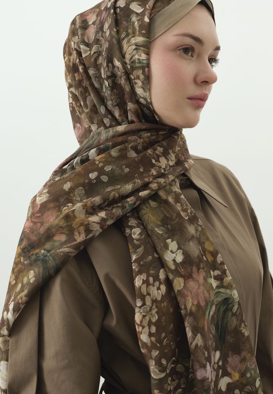 Dark Beauty Desenli Pamuk Viskon Şal-Sütlü Kahve