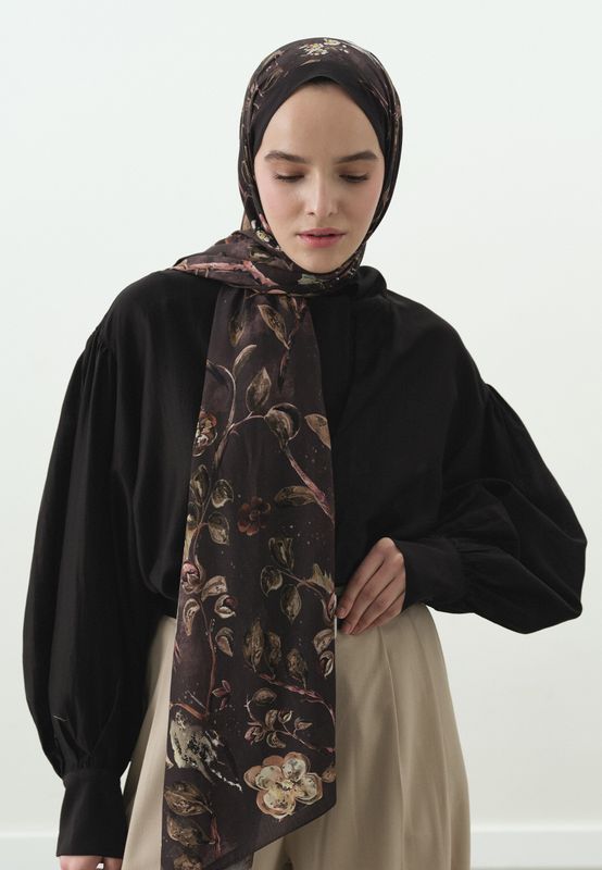 Flower Rain Desenli Pamuk Viskon Şal- Kahve