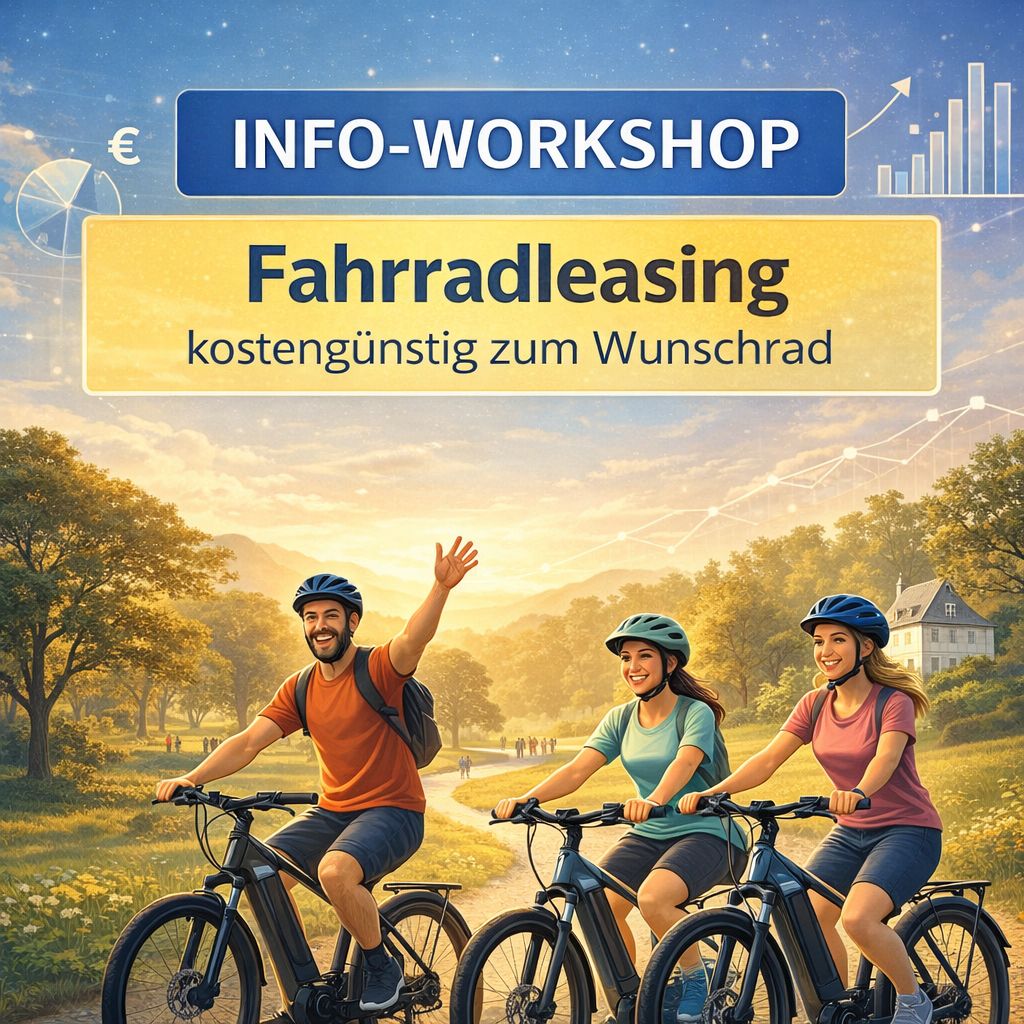 Mittwoch 22.04.26 / 18:05 - 19:30 Uhr -GRATIS Info Workshop: FAHRRADLEASING - kostengünstig zum Wunschrad Mittwoch 22.04.26 / 18:05 - 19:30 Uhr -GRATIS Info Workshop: FAHRRADLEASING - kostengünstig zum Wunschrad