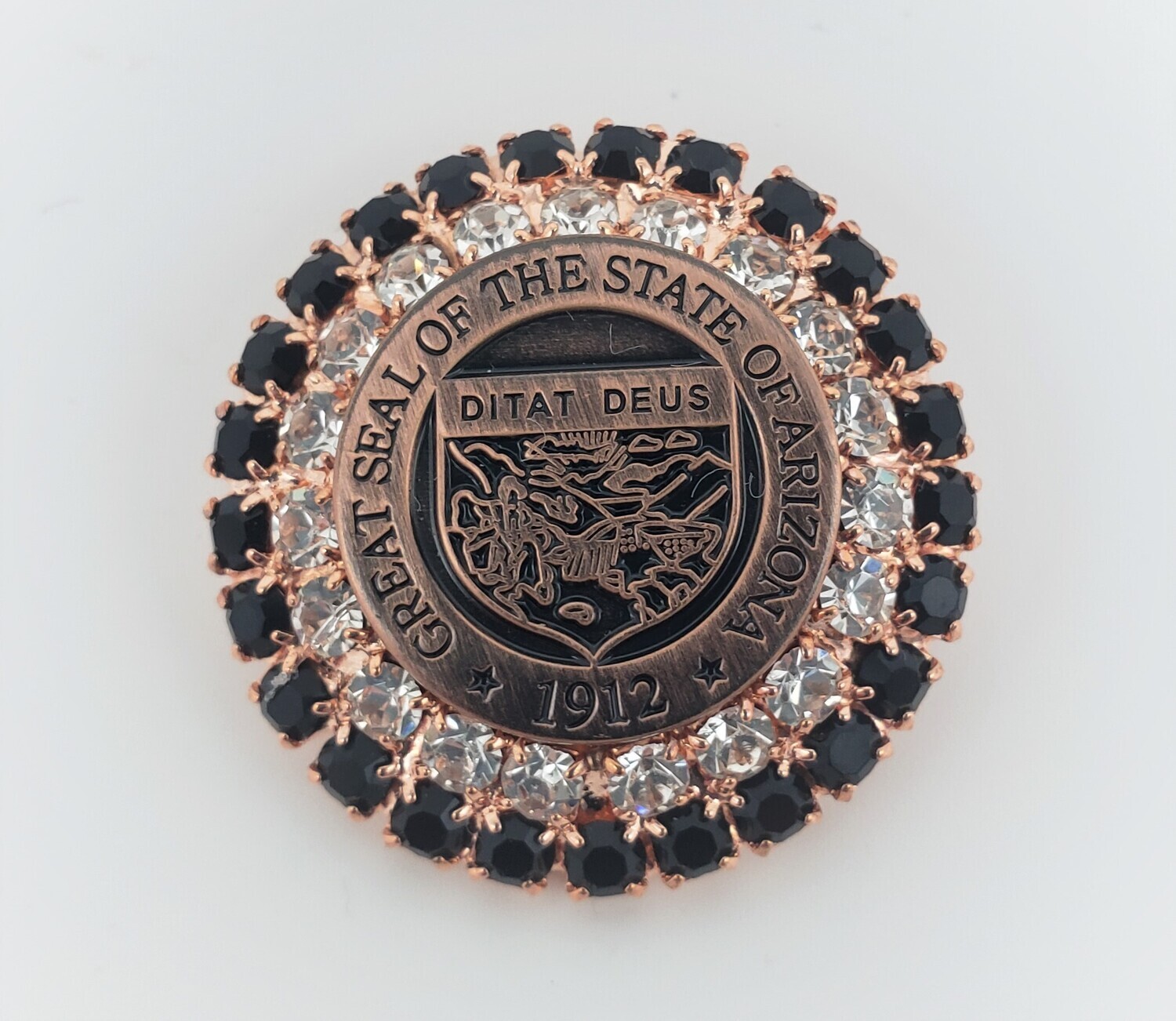 Swarovski Black & Clear Crystal Jeweled Brooch W/ Copper State Seal