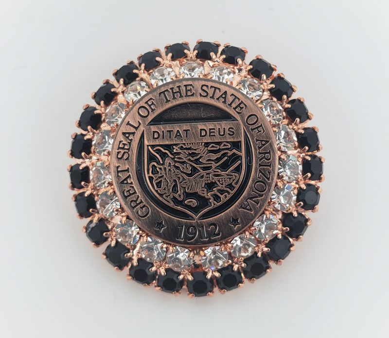 Swarovski Black &amp; Clear Crystal Jeweled Brooch W/ Copper State Seal