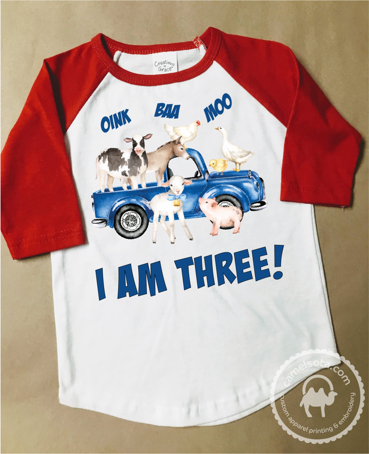 Farm Animal Birthday Shirt, SHIRT STYLE: RED SLEEVE RAGLAN (no infant sizes)