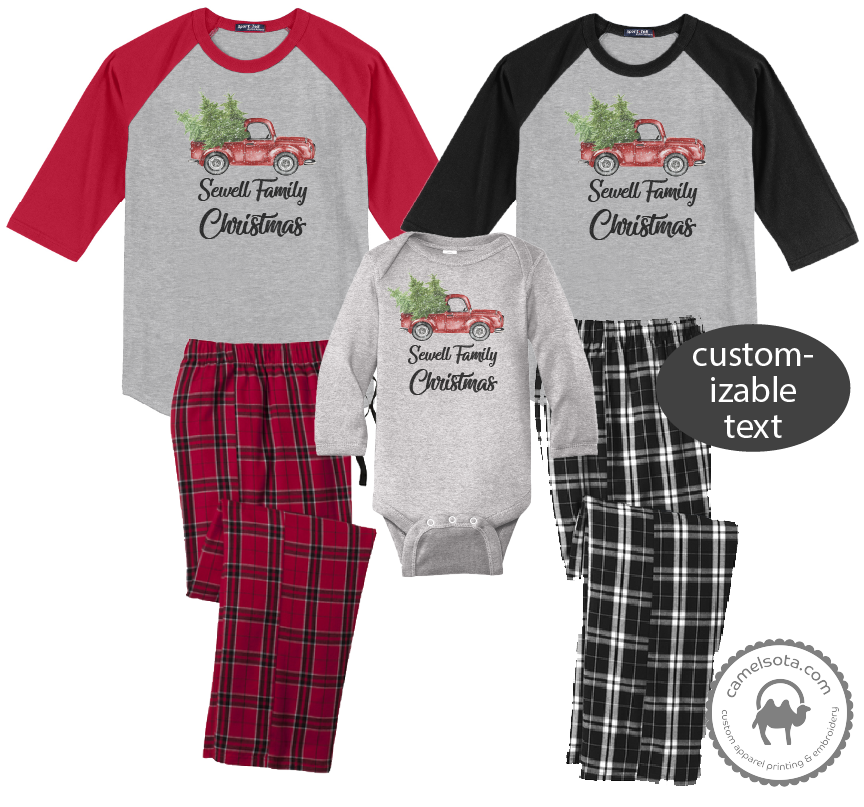 Family Coordinating Christmas Shirts and Pajama Pants - Retro Truck - Grey